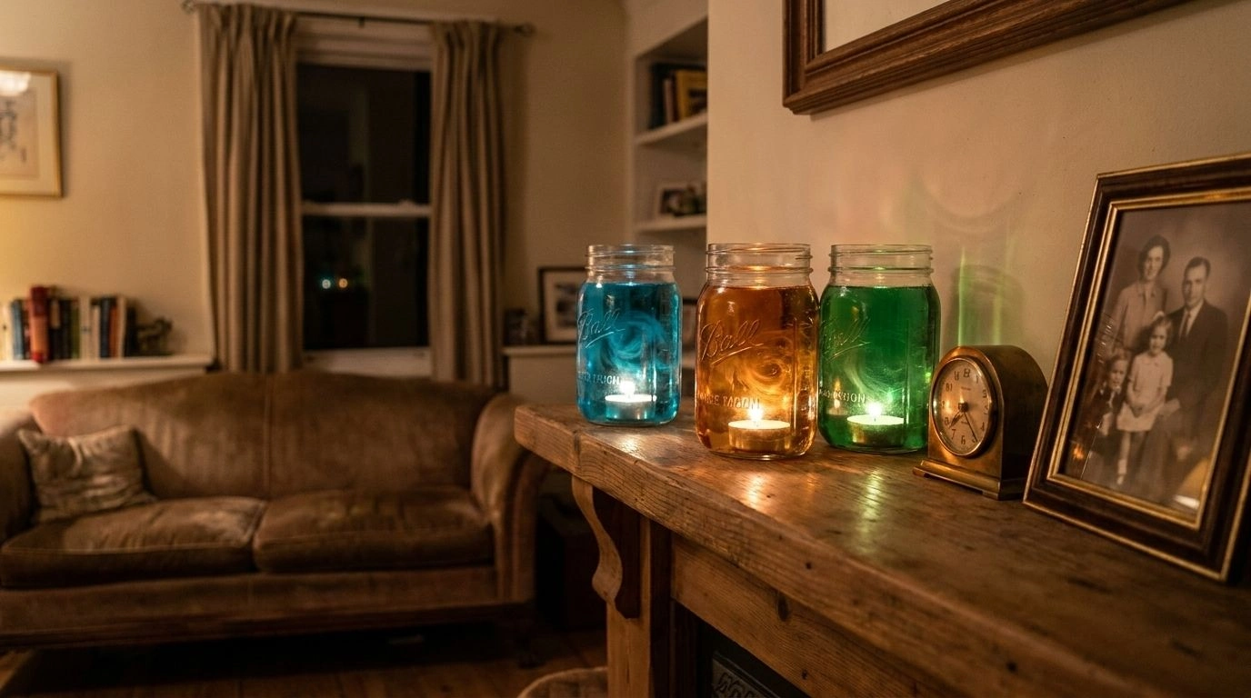 Glowing colored ink jars lit by candles on a mantel.