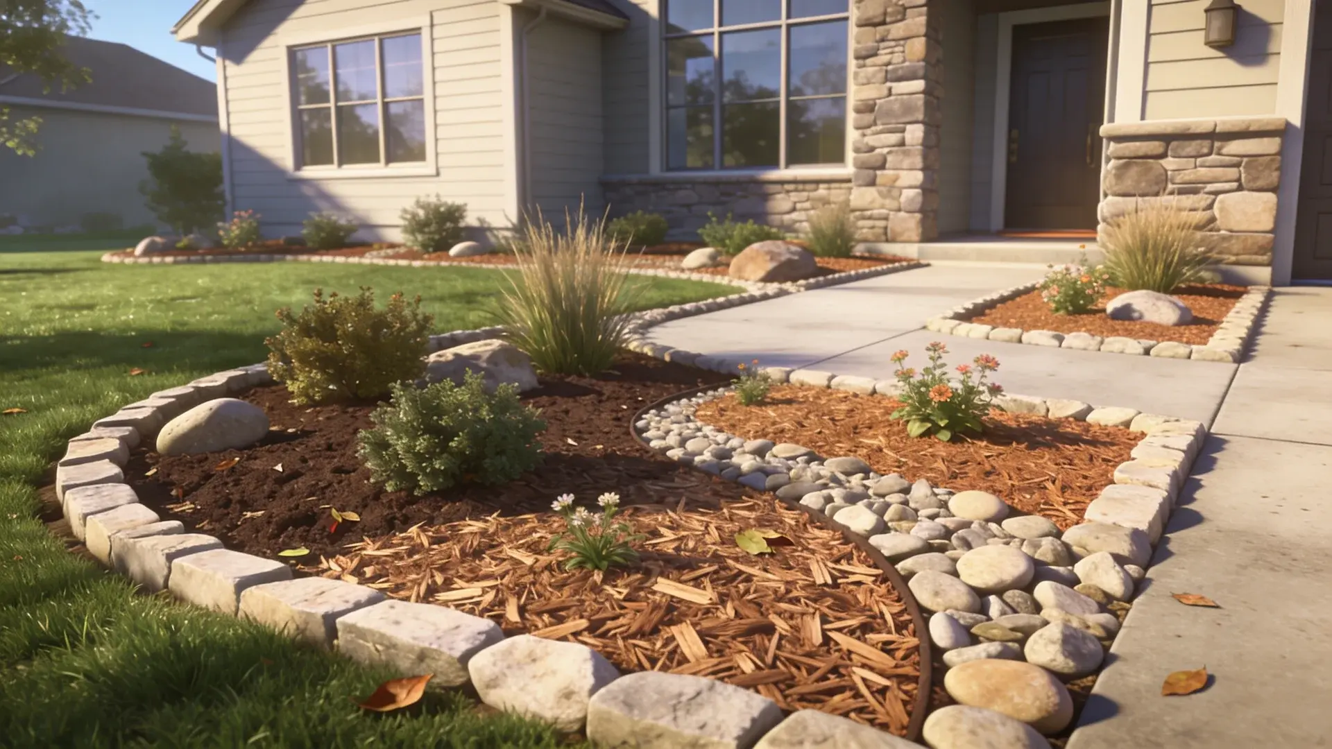 Front yard landscaping combining rock borders with mulch planting beds in modern home exterior.