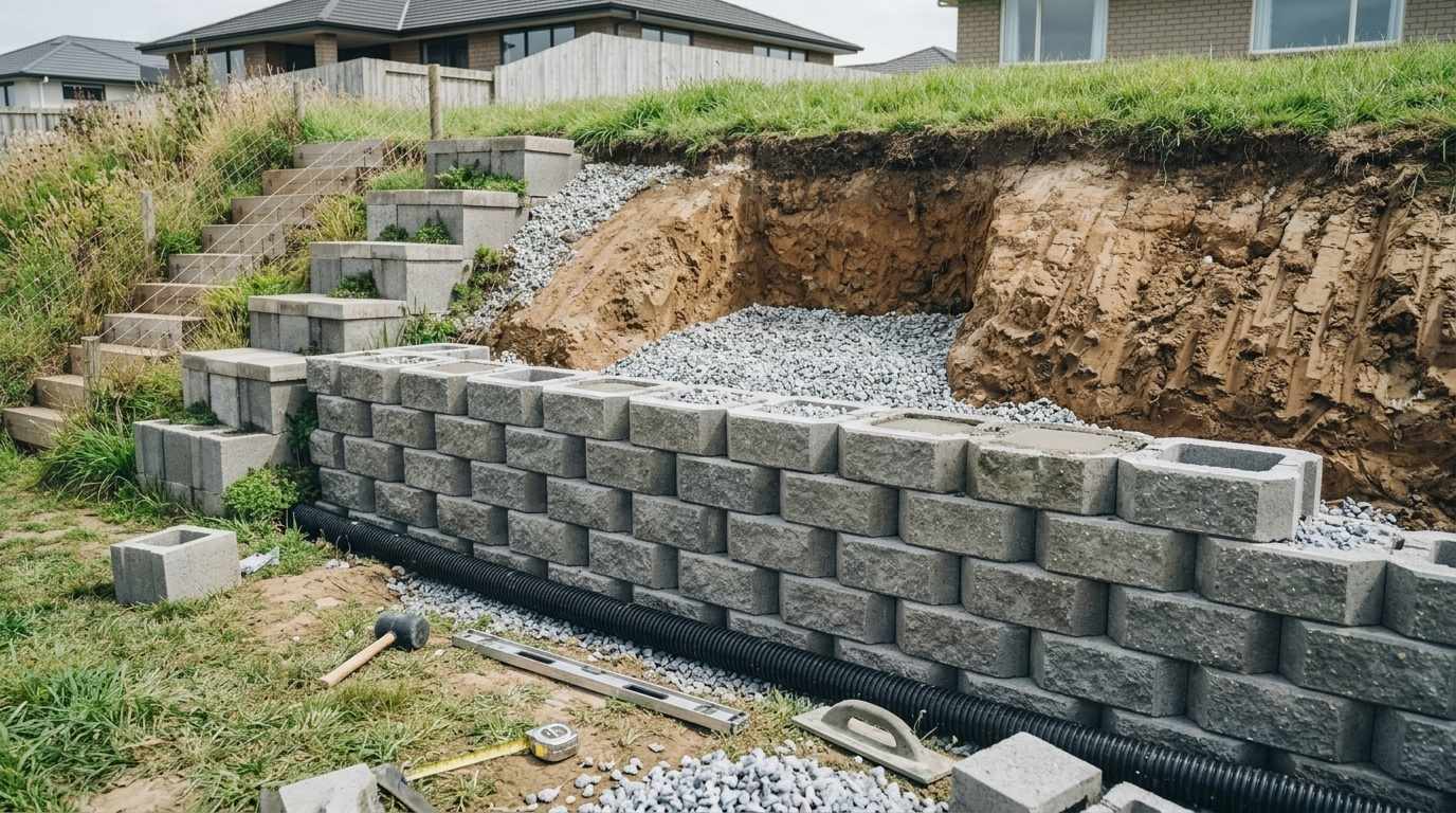 Interlocking concrete block retaining wall under construction on a sloped yard with drainage pipe and gravel base showing durable budget method