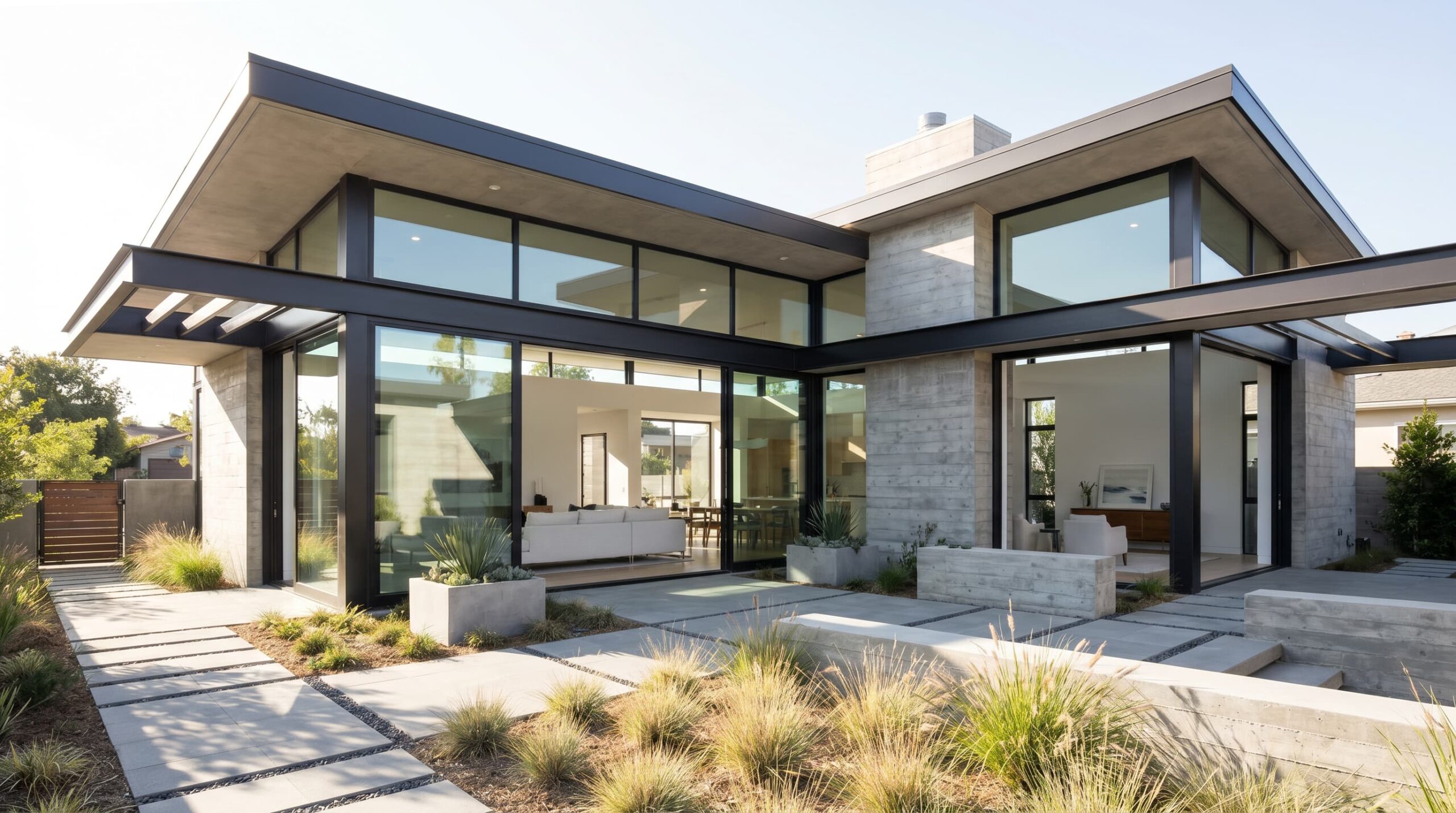 Contemporary house with minimalist design, large windows, and mixed materials