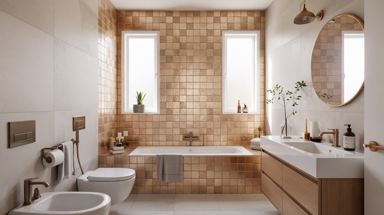 Copper mosaic tile feature wall behind a dark wooden vanity and matching framed mirror.