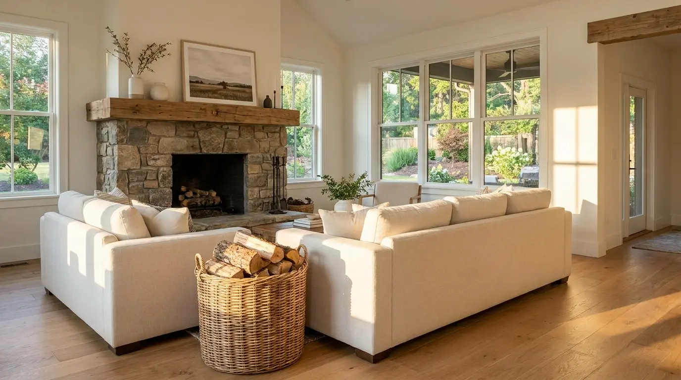 Modern farmhouse living room with a cozy stone fireplace, wood mantel, cream sofas, large windows, and woven log basket.