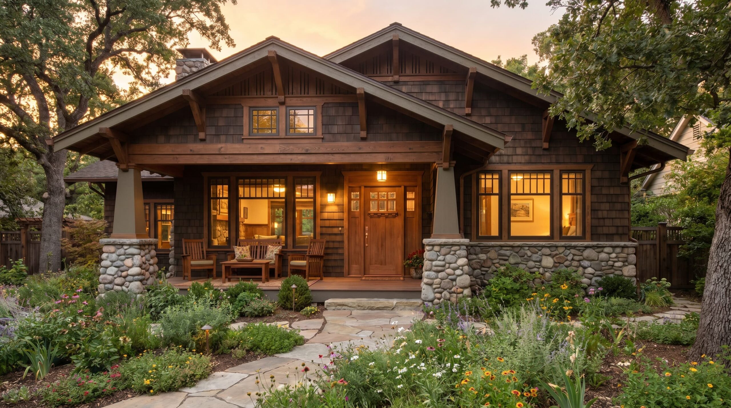 Craftsman house with front porch, tapered columns, and wood and stone details