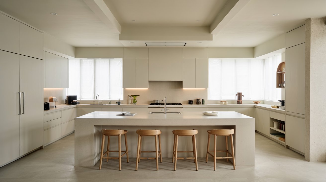 Modern minimalist kitchen with a clean island design, flat-panel cabinets, neutral tones, and a clutter-free quartz countertop.