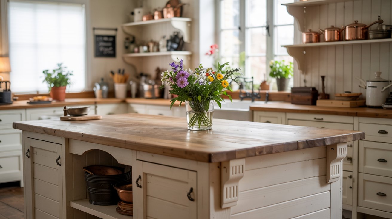 Farmhouse kitchen with a cozy island featuring a wood countertop, decorative panels, open shelving, and warm neutral tones.