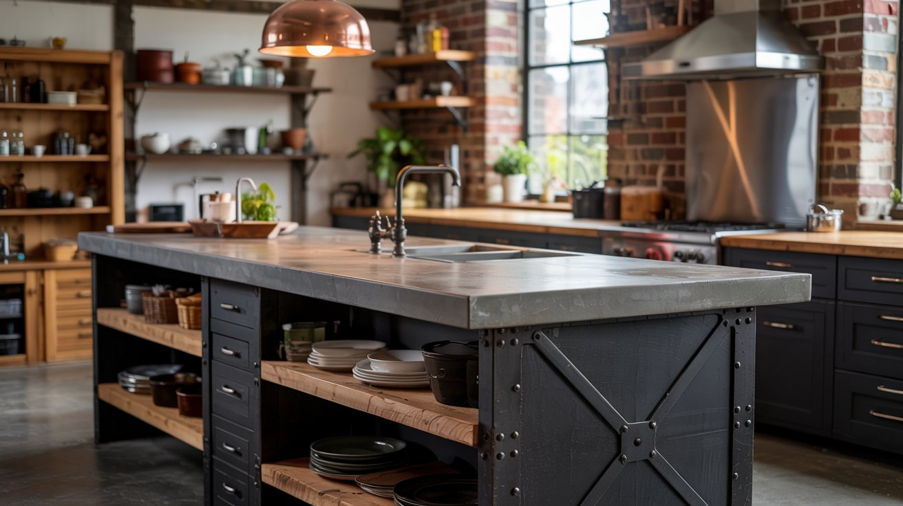 Industrial kitchen with a concrete island, black metal details, open shelving, and natural wood accents for an urban look.