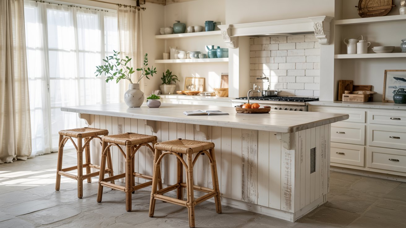 Coastal kitchen with a light island, soft neutral tones, natural textures, and relaxed details creating a breezy beach-inspired space.