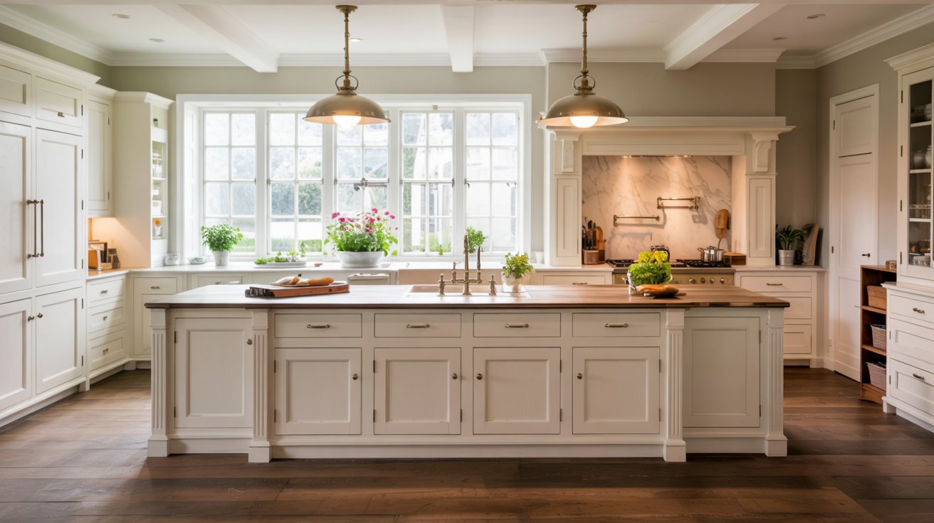 Classic transitional kitchen island with shaker cabinets, modern pendant lights, and mixed finishes for a timeless design.