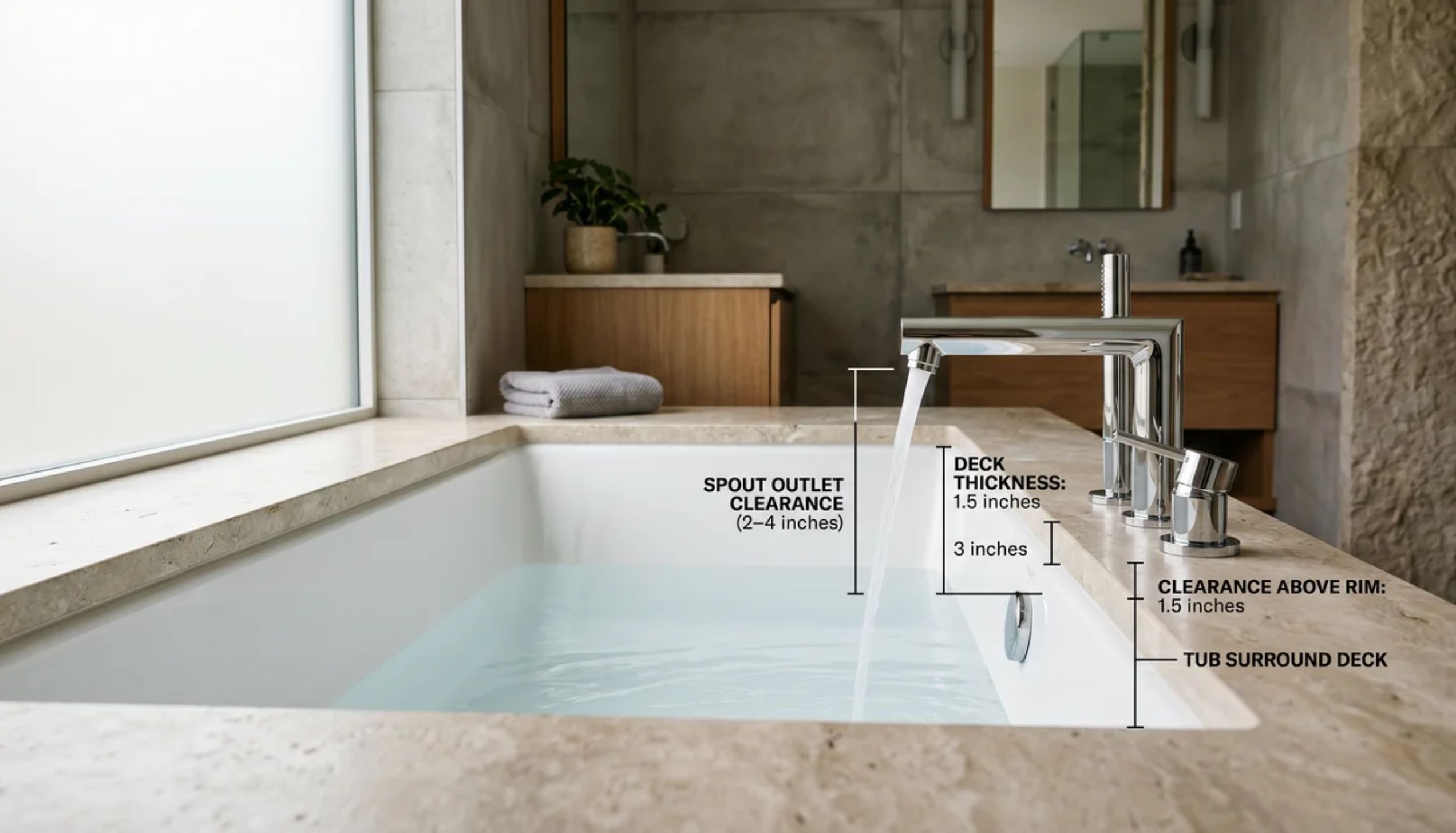 Diagram showing deck-mounted tub spout measurements, including a 2–4 inch spout outlet clearance above the water.