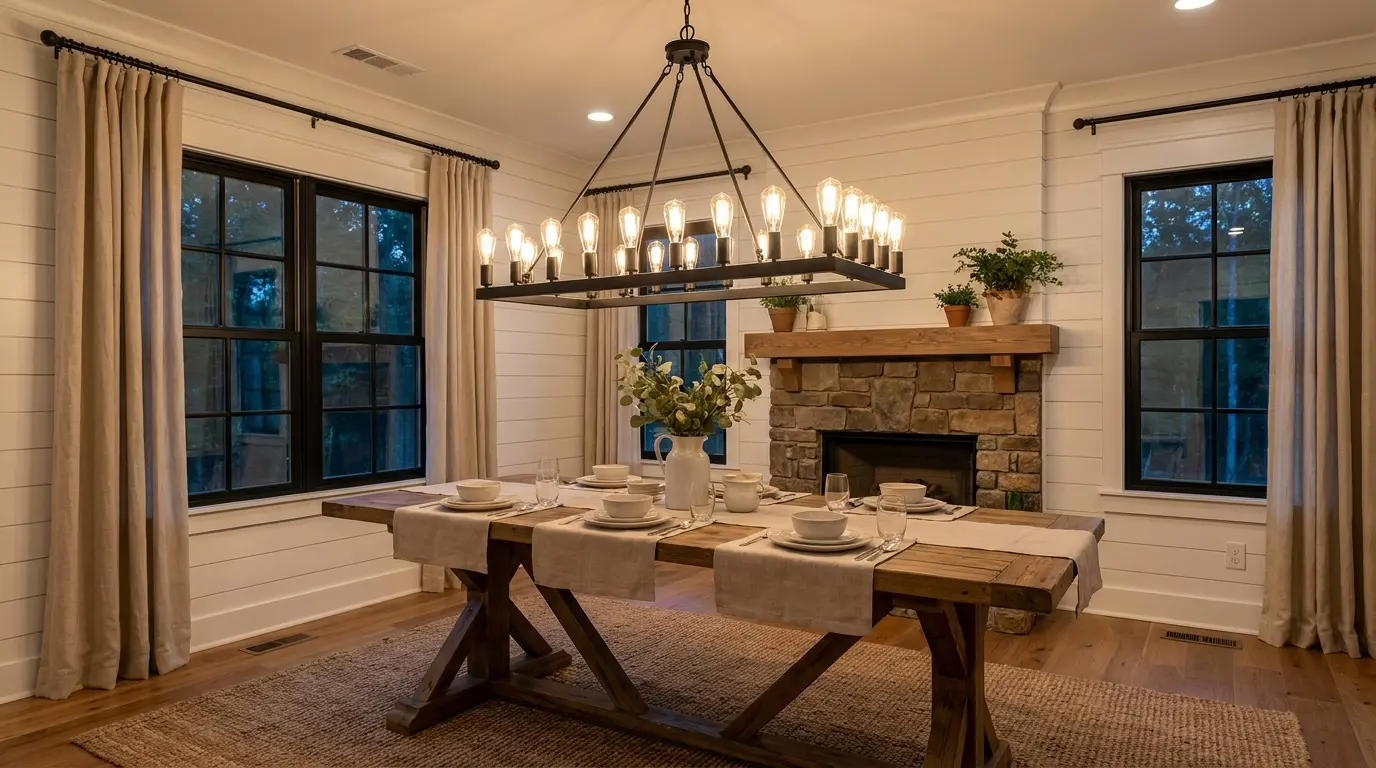 Modern farmhouse dining room with vintage chandelier, wood table, shiplap walls, stone fireplace, and black windows.