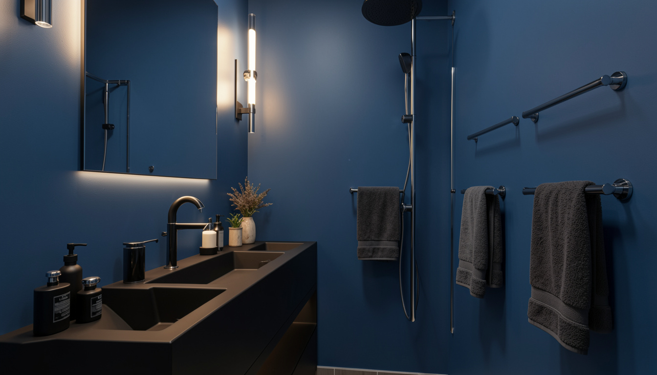 Modern bathroom with deep navy blue walls, black sink, and sleek chrome fixtures creating a bold, sophisticated look.