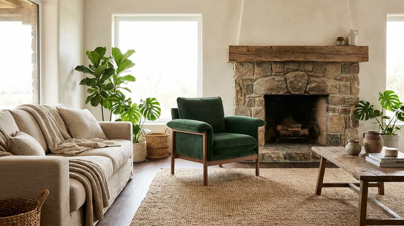 Modern rustic living room with forest green accent chair bringing an accent