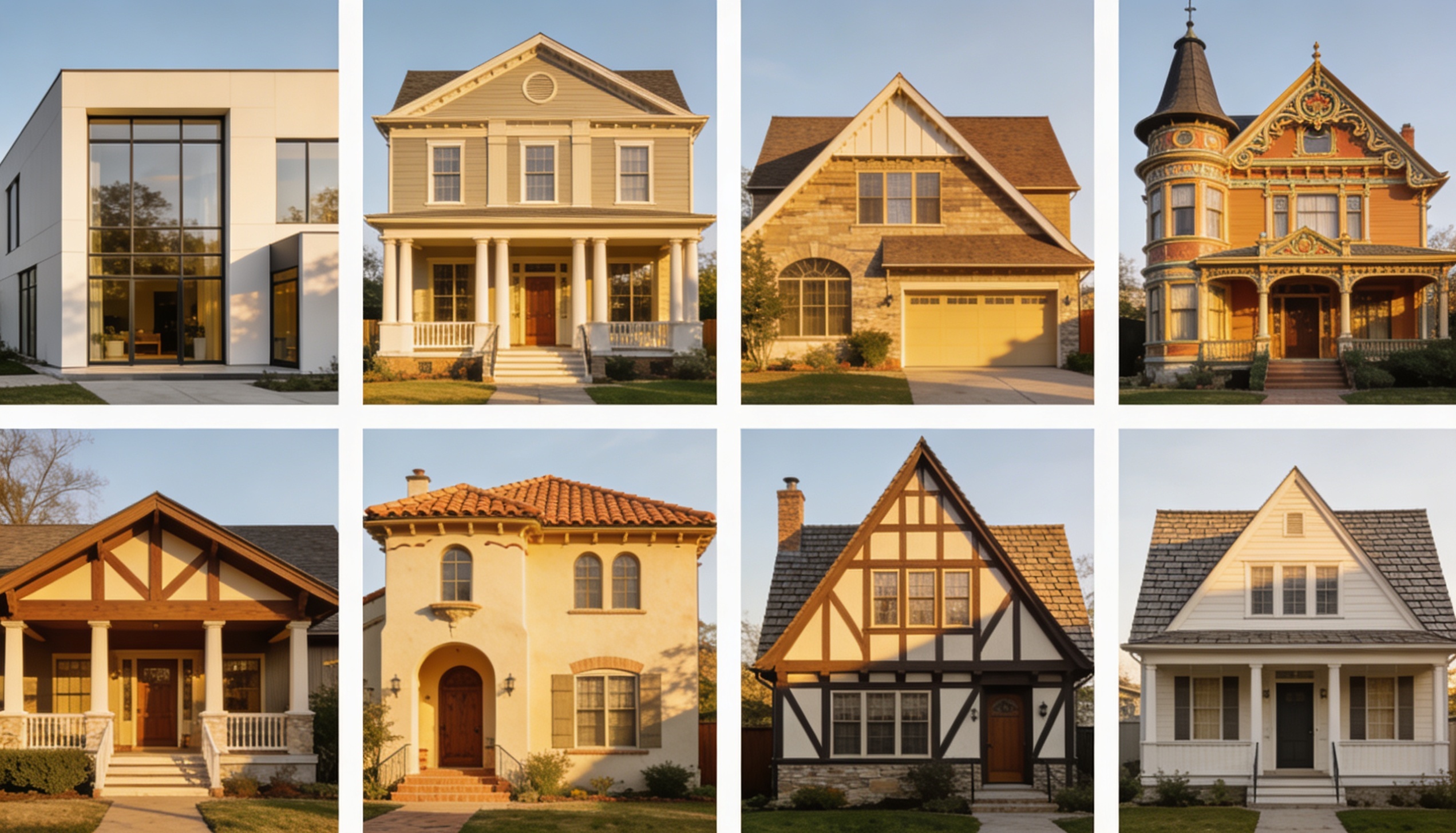Different types of house styles shown in a clean collage, including modern, colonial, farmhouse, Victorian, craftsman, Mediterranean, Tudor, and Cape Cod homes.