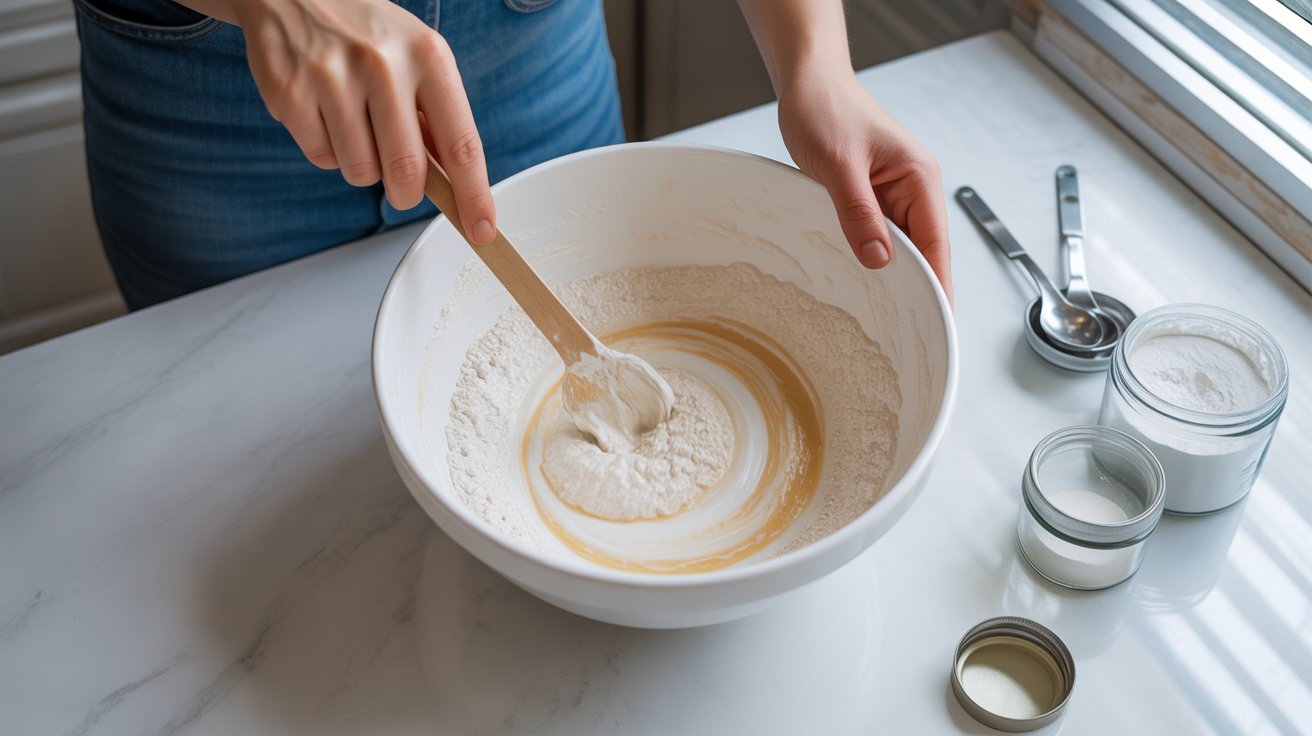 DIY chalk paint using white paint and baking soda in a bowl, with measuring tools and jars arranged on a clean surface, showing the step-by-step process in natural light