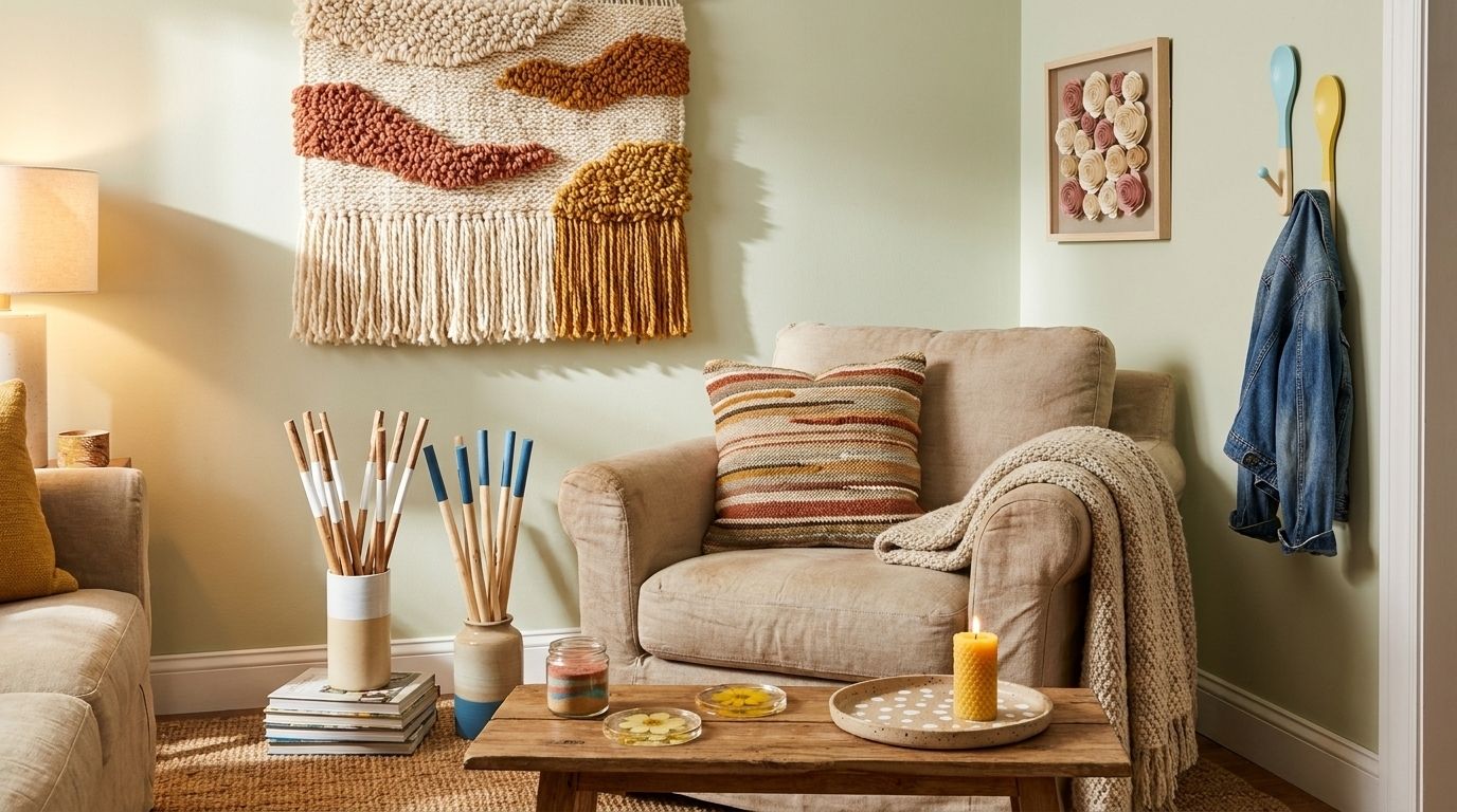 Cozy living room styled with several handmade DIY home decor pieces.