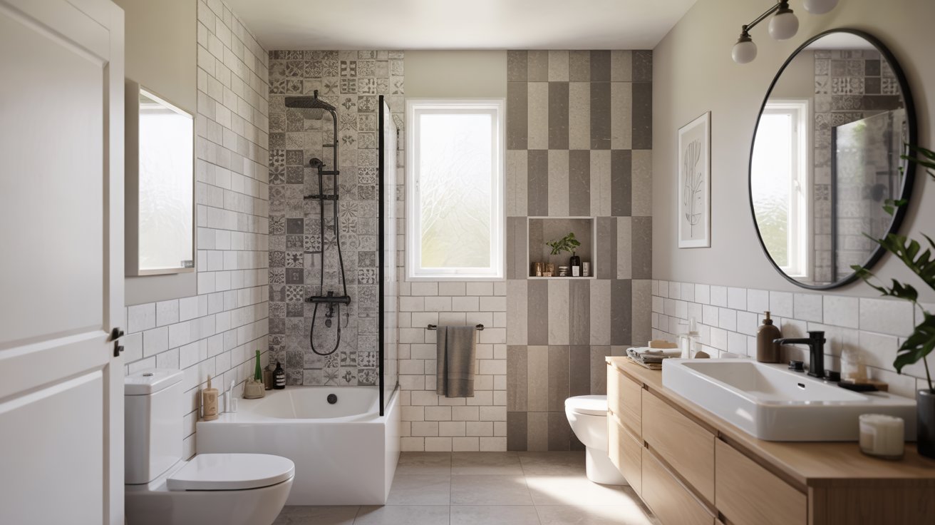 Bathroom with white subway tile wainscoting paired with vertical gray-and-white striped wall tile.