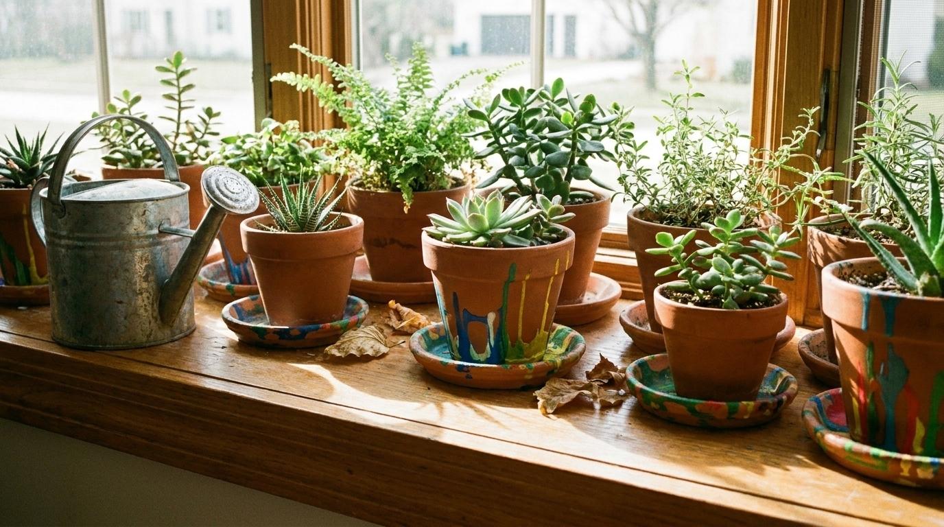 Clay plant saucers with drippy painted patterns on a sunny windowsill.