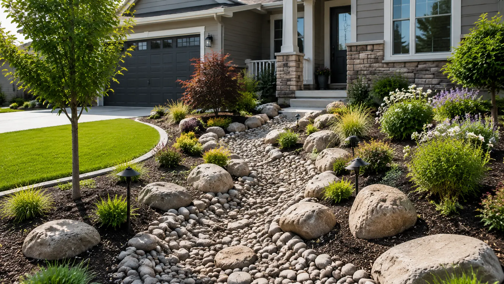 Front yard with dry creek bed of rocks and greenery leading to a modern home entrance.