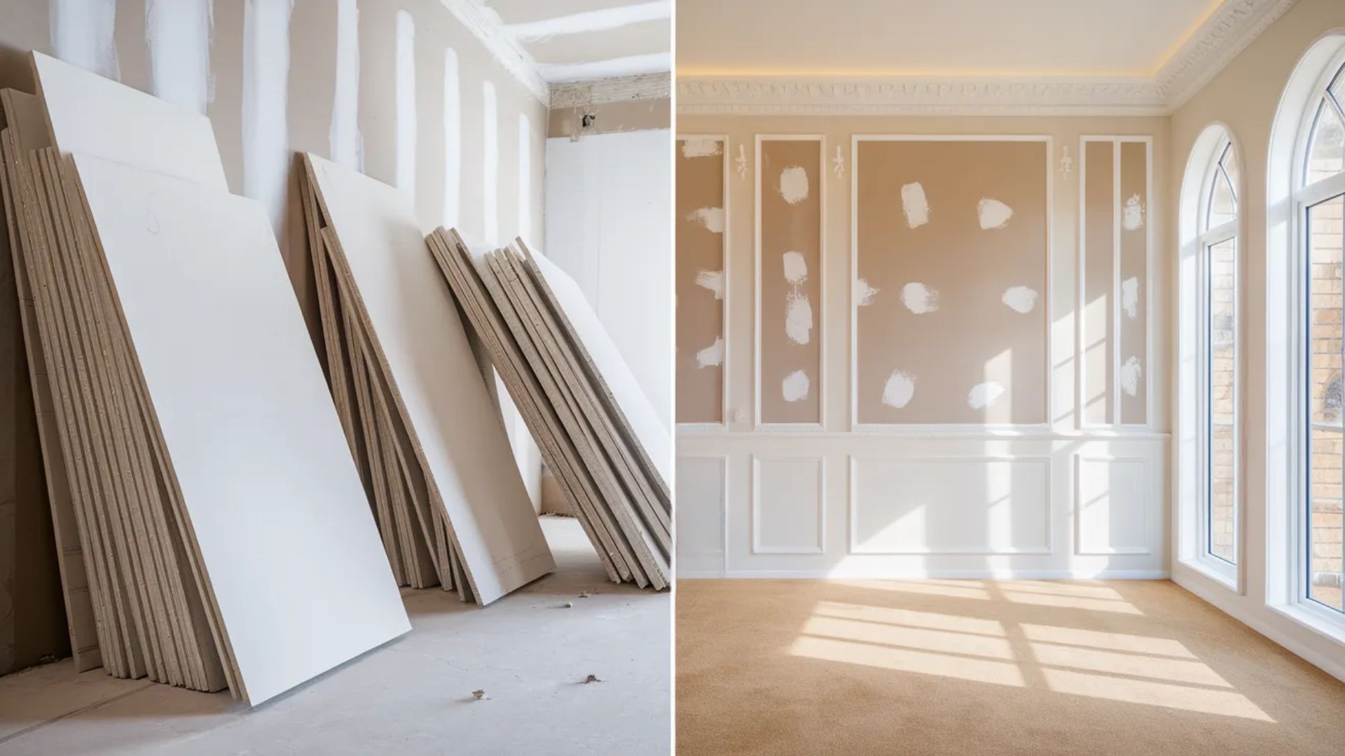 Side-by-side comparison of stacked drywall sheets and a finished room with elegant white wall paneling.