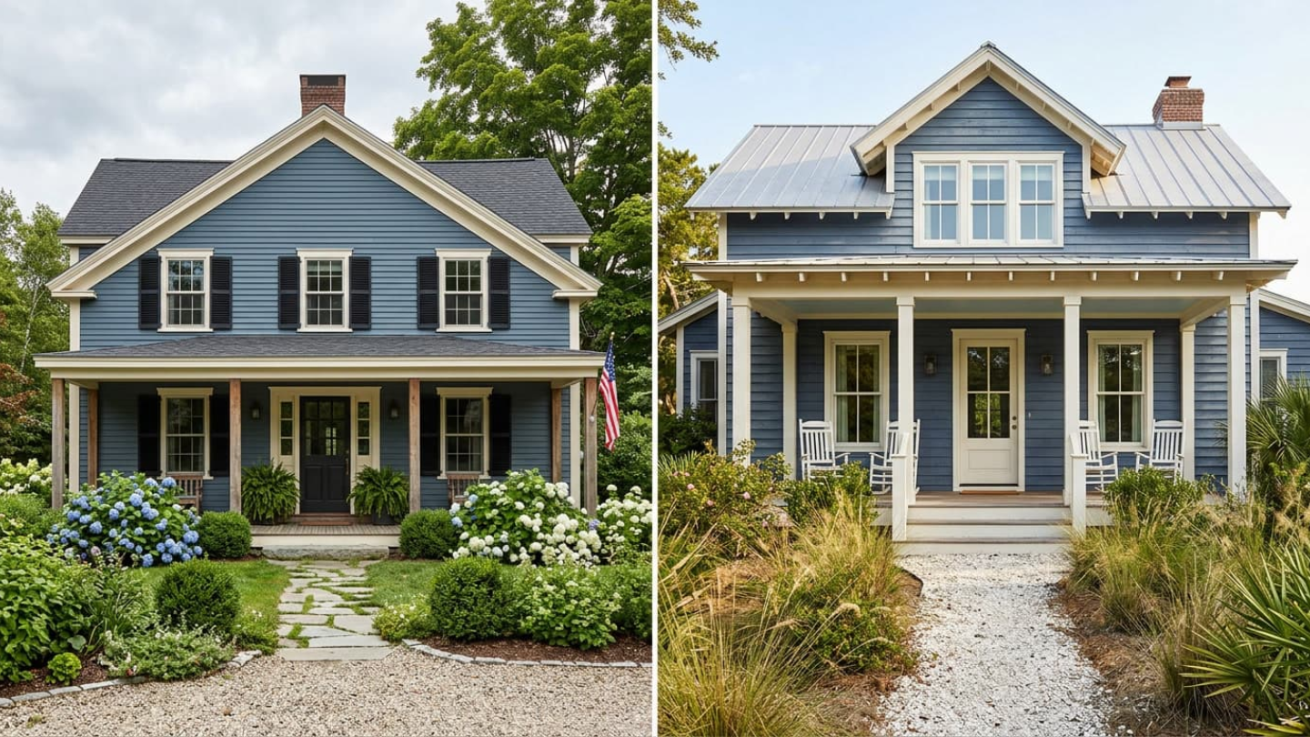 A cool, weathered, smoky blue-colored farmhouse with soft gray undertones set against a backdrop of dense hydrangeas.