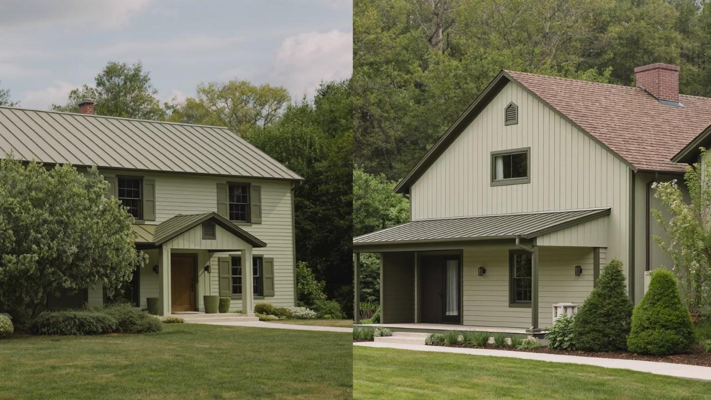 Earthy Green Farmhouse Exterior with Metal Roof. Muted sage and olive siding tones