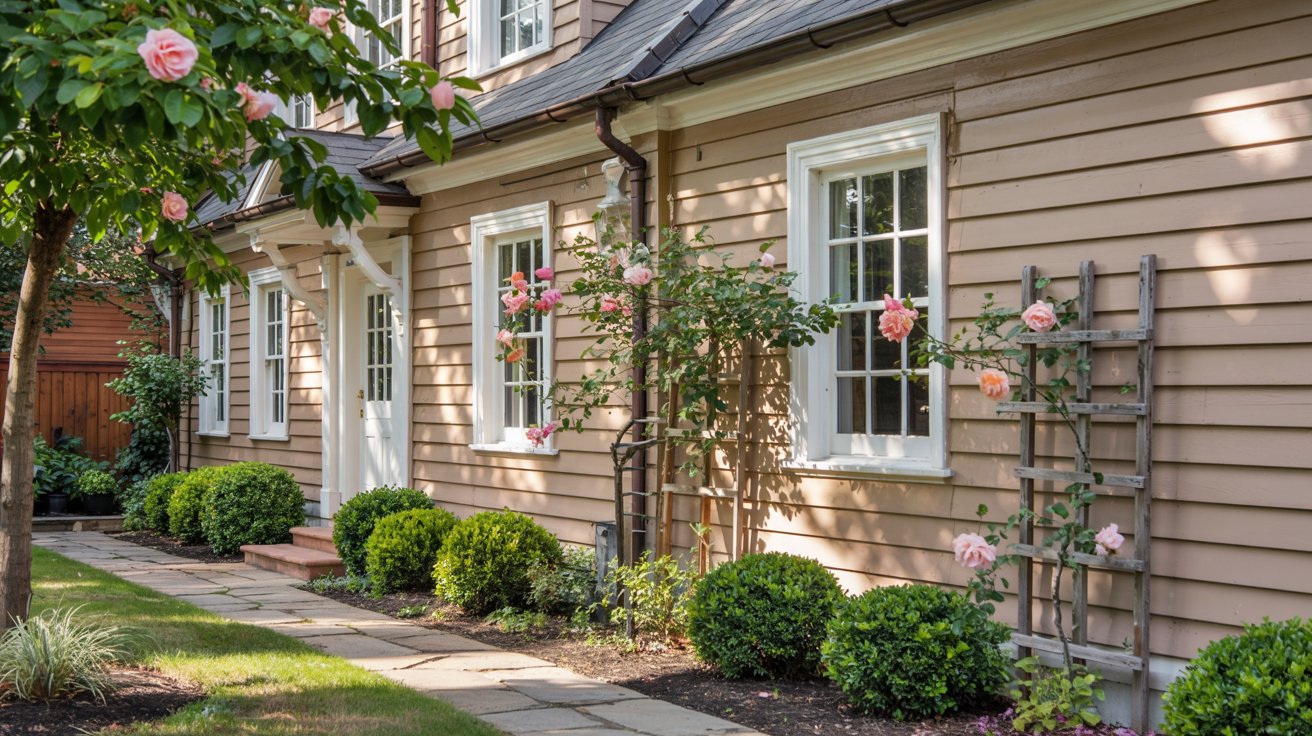 Exterior view of a traditional home featuring taupe lap siding, white window trim, and lush front yard landscaping.