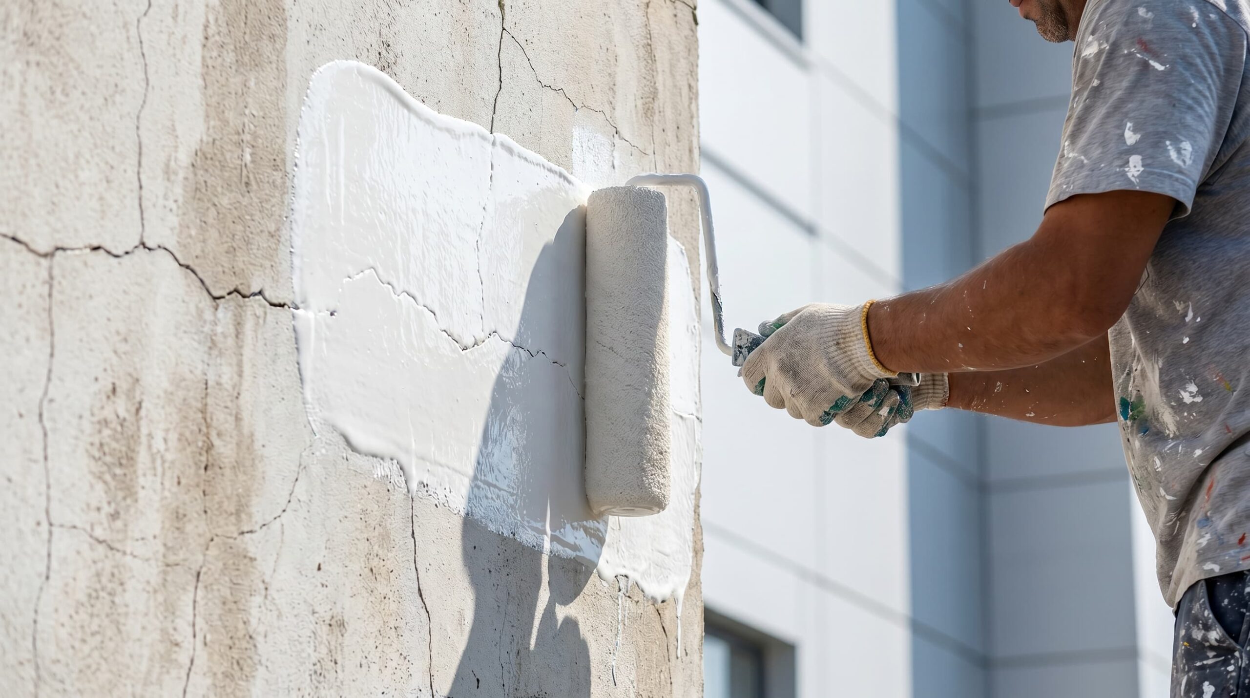 A close-up of elastomeric coatings being applied to an exterior wall, with visible cracks being sealed.