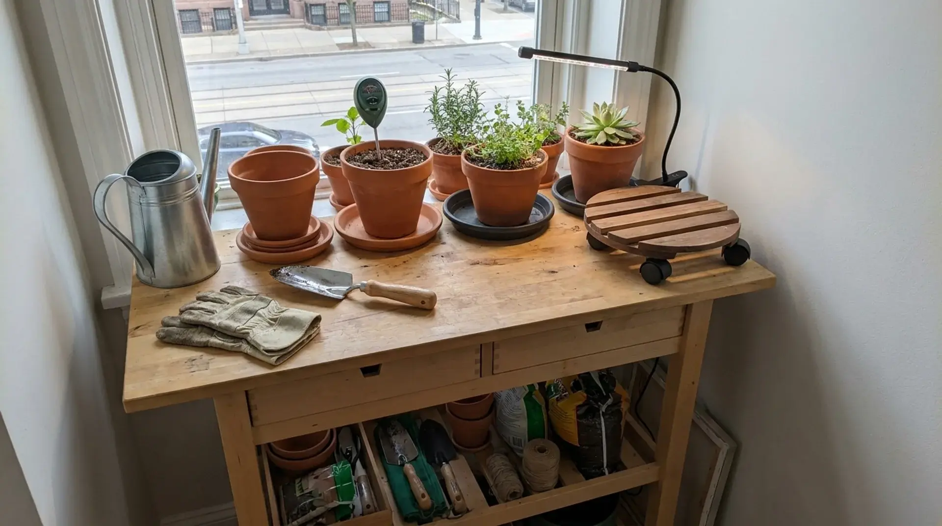 Apartment gardening starter kit with watering can, trowel, gloves, trays, and plant tools.