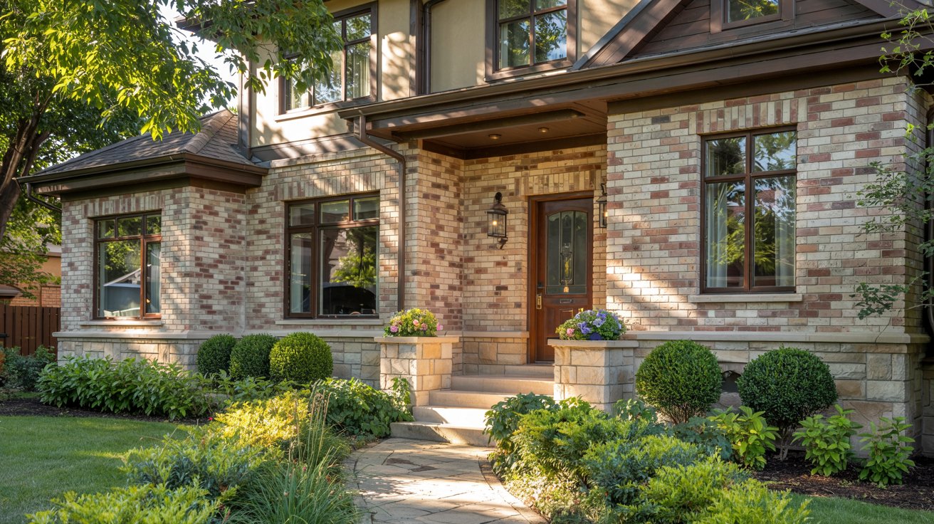 Exterior view of a modern stone and brick home featuring dark window trim, a wooden front door, and lush front yard landscaping.