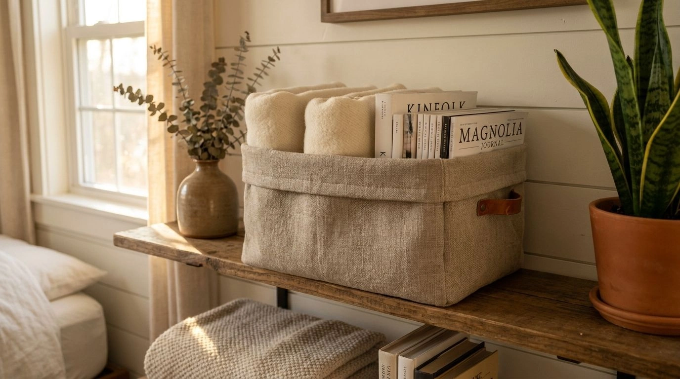 DIY fabric-wrapped storage basket with linen texture on bedroom shelf.