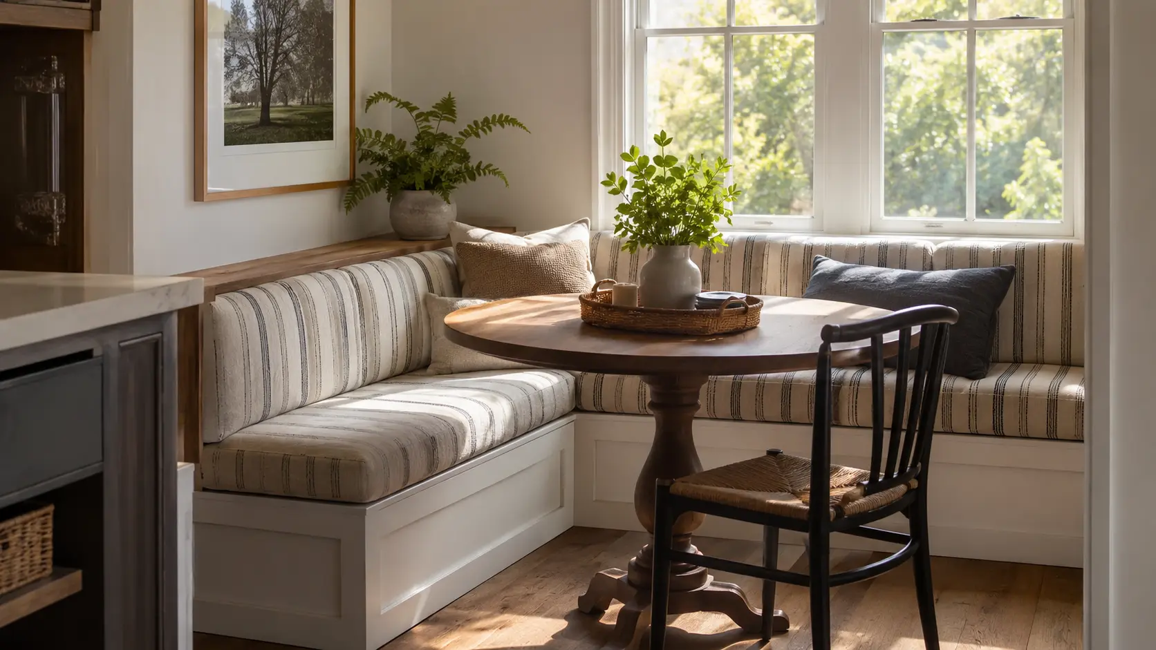 Sunlit farmhouse breakfast nook with striped bench seating, a round wooden table, plants, and a woven chair.