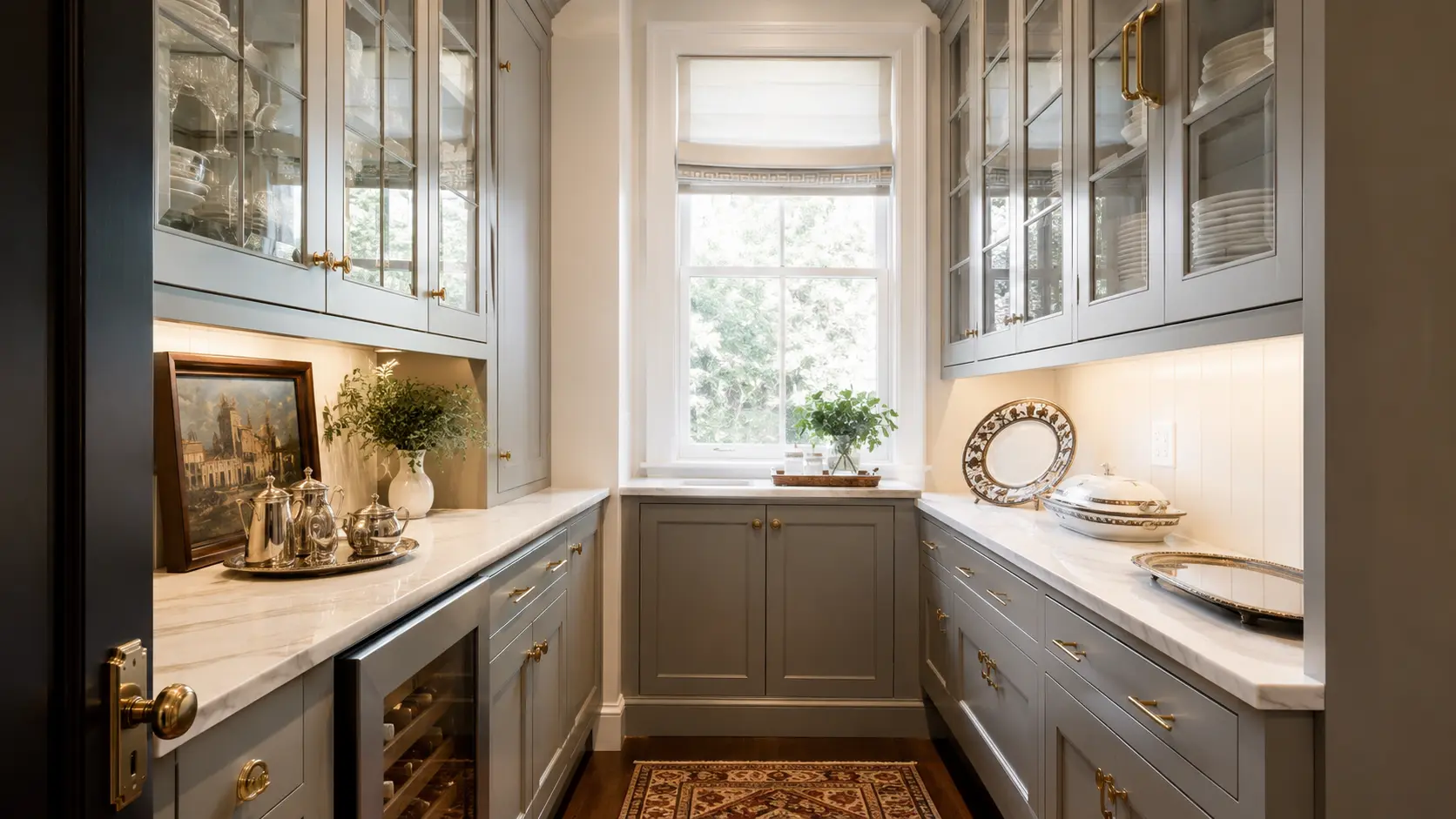 Dark farmhouse butler’s pantry with glass-front cabinets, marble counters, brass fixtures, and neatly arranged tableware.