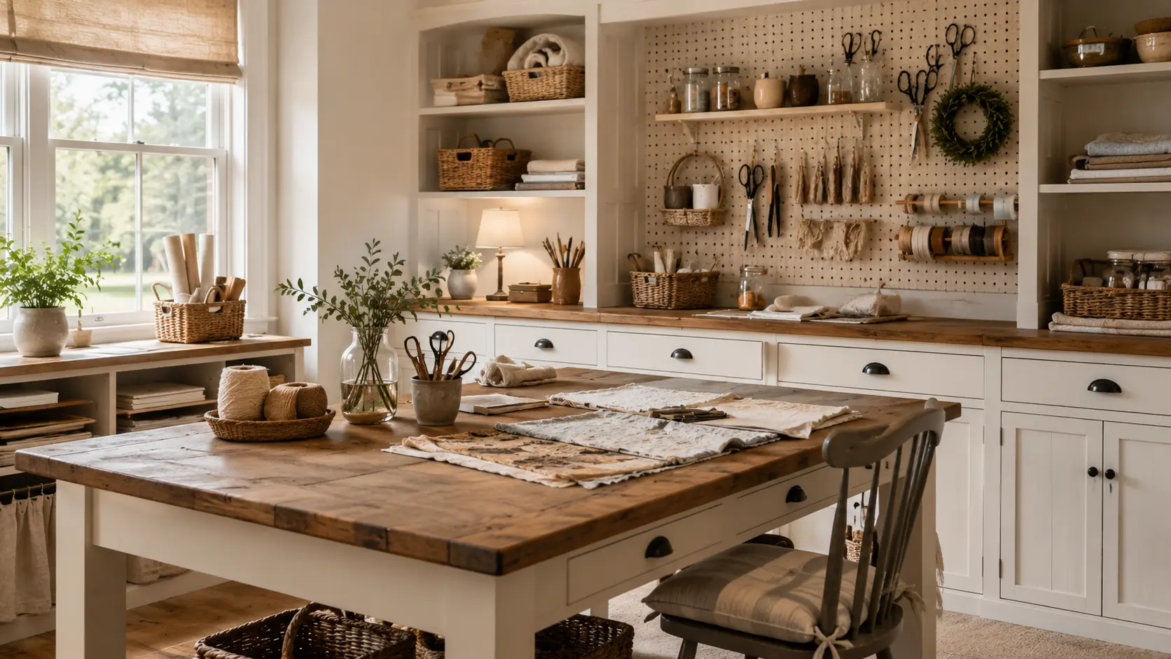 Warm farmhouse craft room with a large wooden worktable, white cabinets, pegboard storage, woven baskets, and sewing supplies.