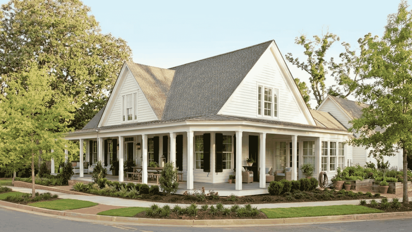 Traditional farmhouse exterior painted white with black shutters and lush landscaping