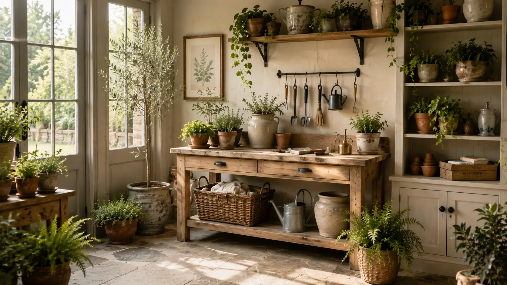 Sunlit farmhouse indoor garden room with potted herbs, rustic wood worktables, woven baskets, and hanging gardening tools.