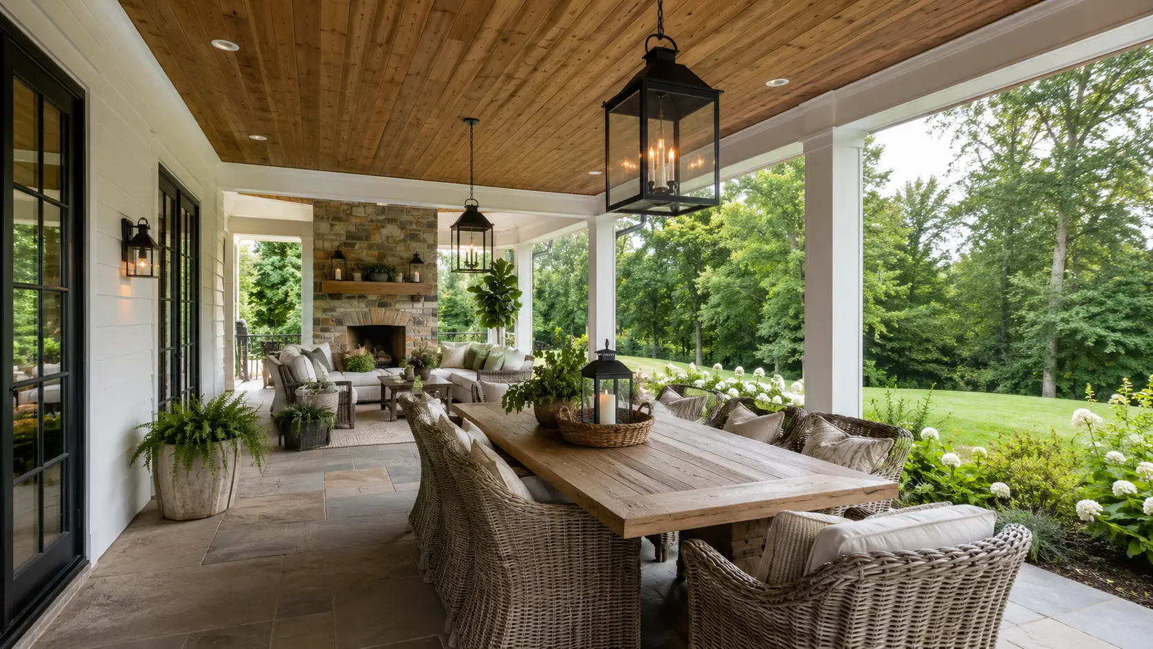 Covered modern farmhouse porch with a wood ceiling, stone fireplace, wicker seating, a long dining table, and garden views.