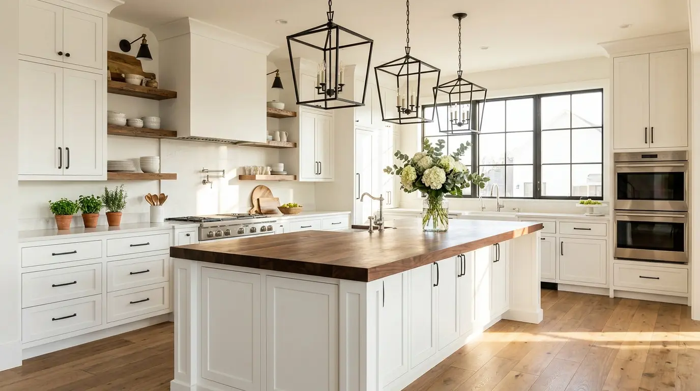 Modern farmhouse kitchen with white cabinets, wood island, black lantern pendant lights, open shelves, and large windows.