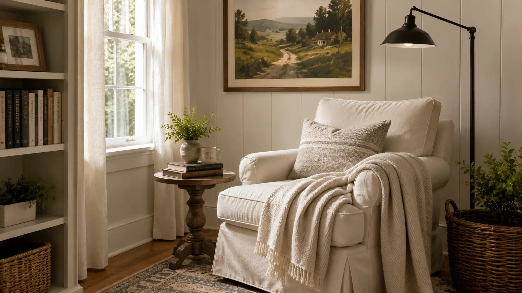 Cozy farmhouse reading corner with a white armchair, rustic wood furniture, soft textiles, and warm natural light.