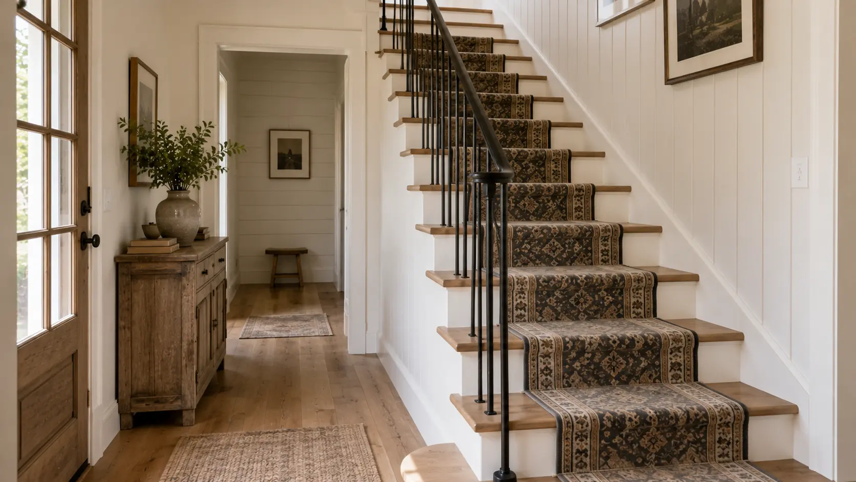 Modern farmhouse staircase with wood treads, white risers, a black metal railing, patterned runner, and rustic hallway furniture.