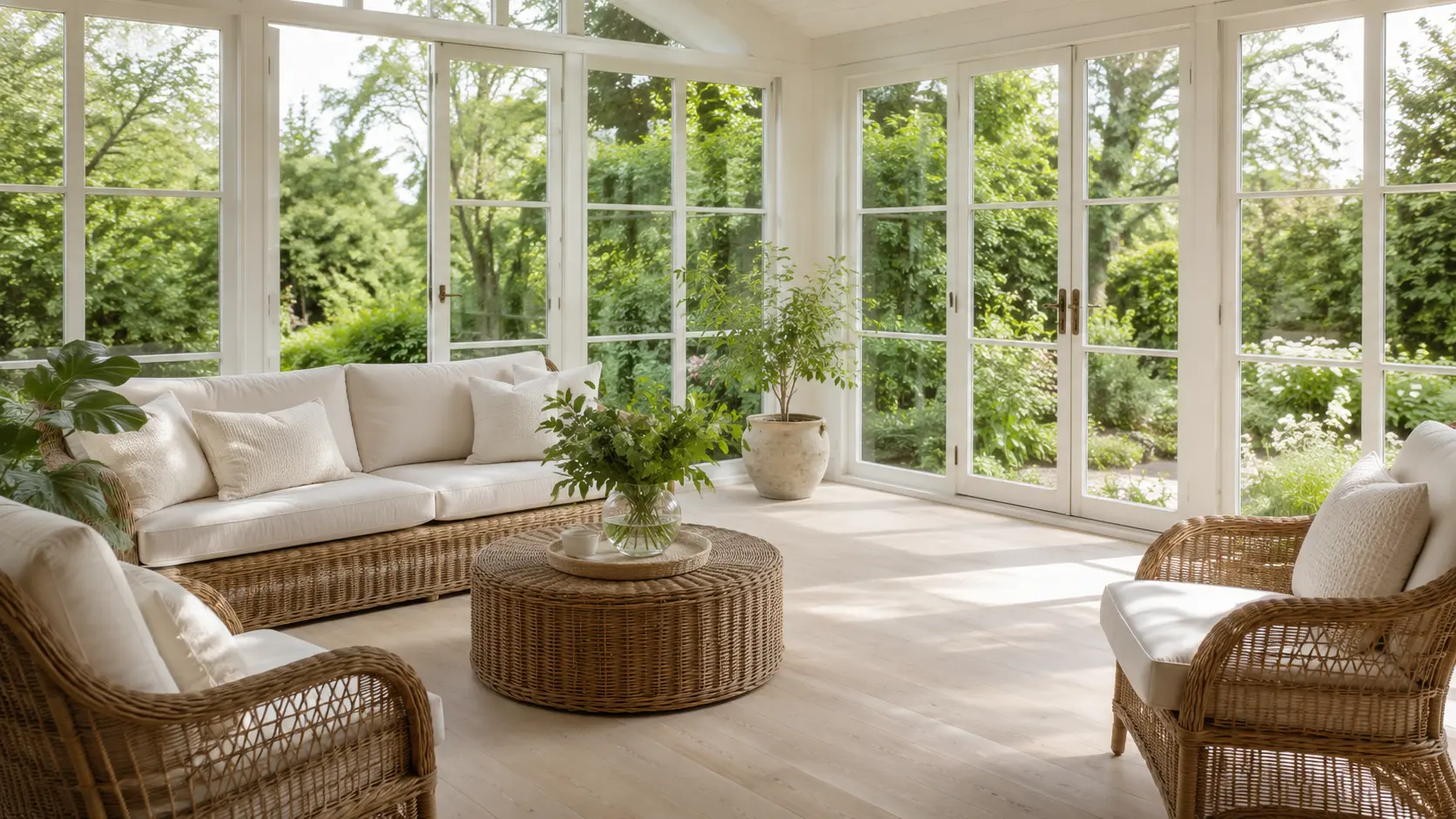 Bright farmhouse sunroom with wicker seating, cream cushions, pale wood floors, and large windows overlooking a green garden.