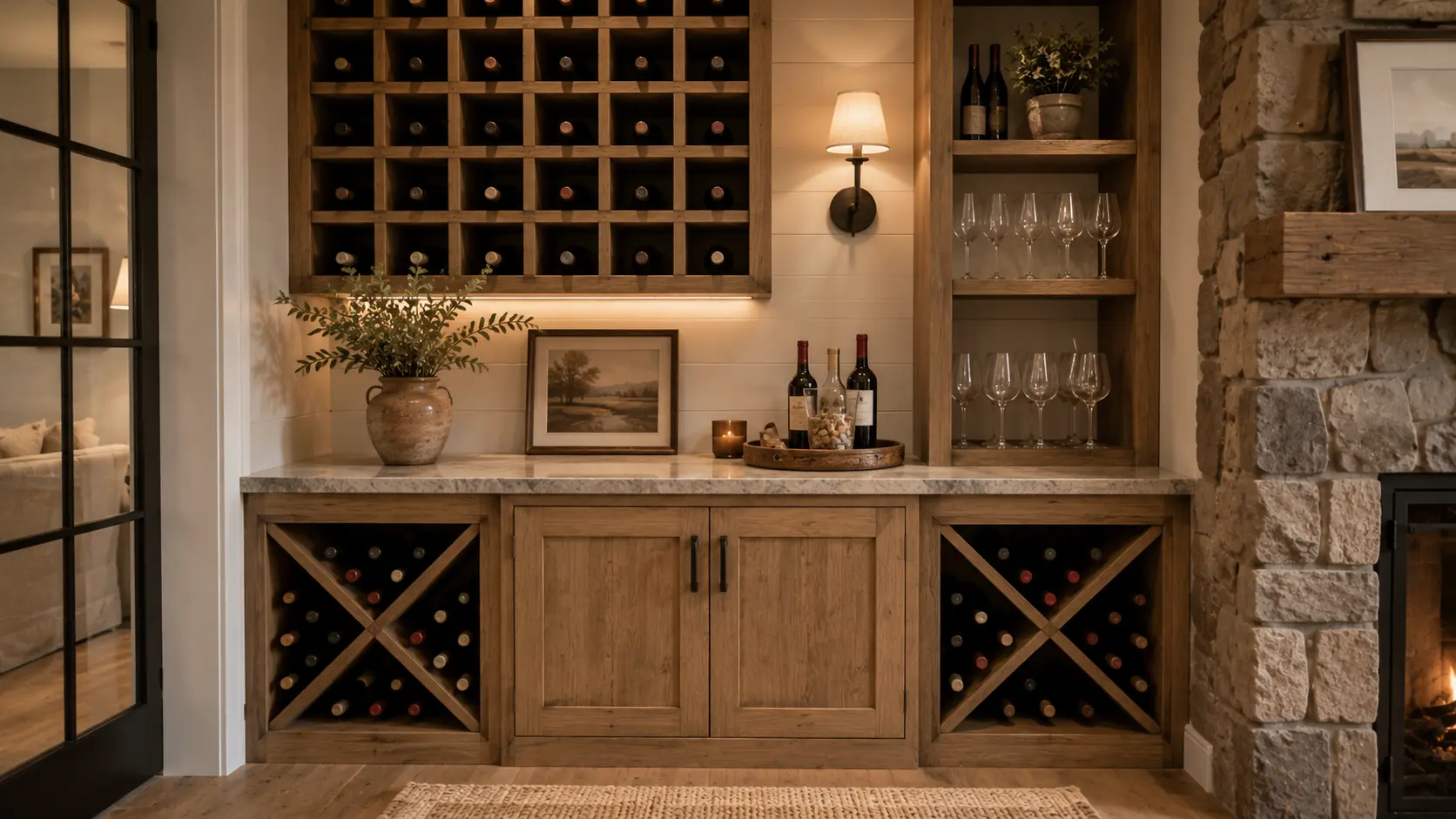 Rustic farmhouse wine bar with built-in wooden racks, glassware shelves, a marble counter, and a stone fireplace.