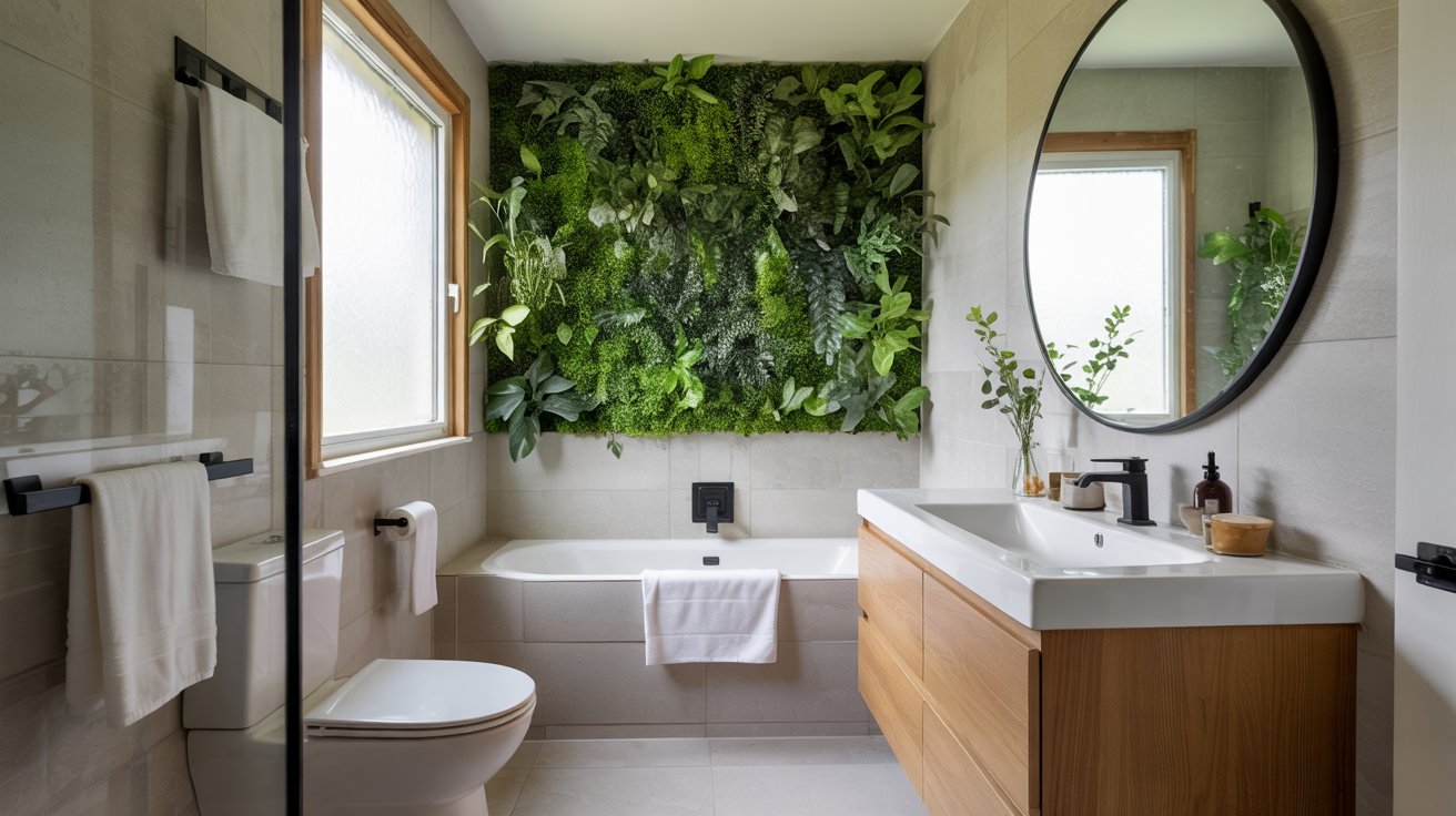 A modern bathroom featuring a lush faux greenery accent wall mounted above a white bathtub.