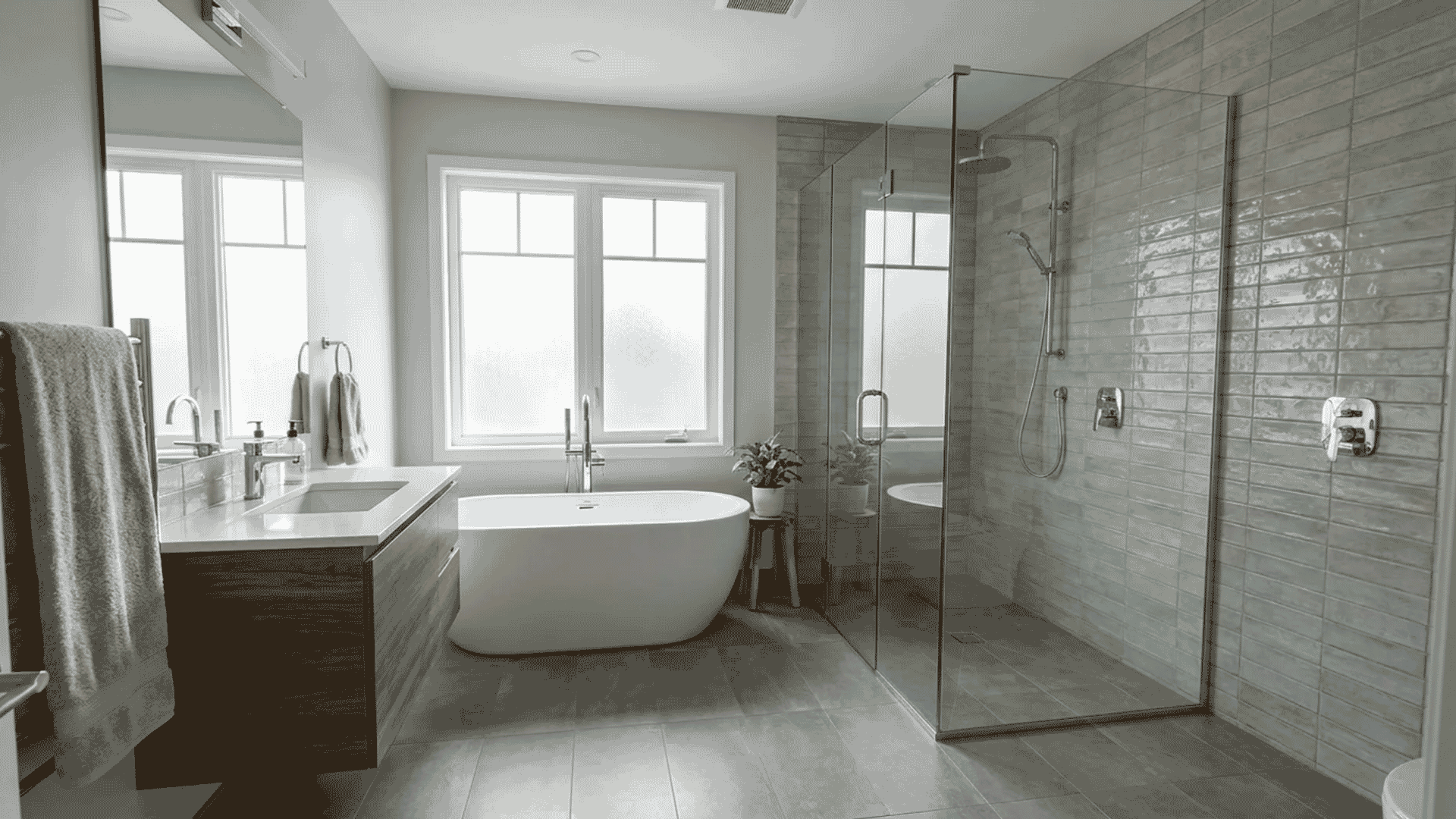 Mid-range modern bathroom renovation with freestanding tub and tile shower