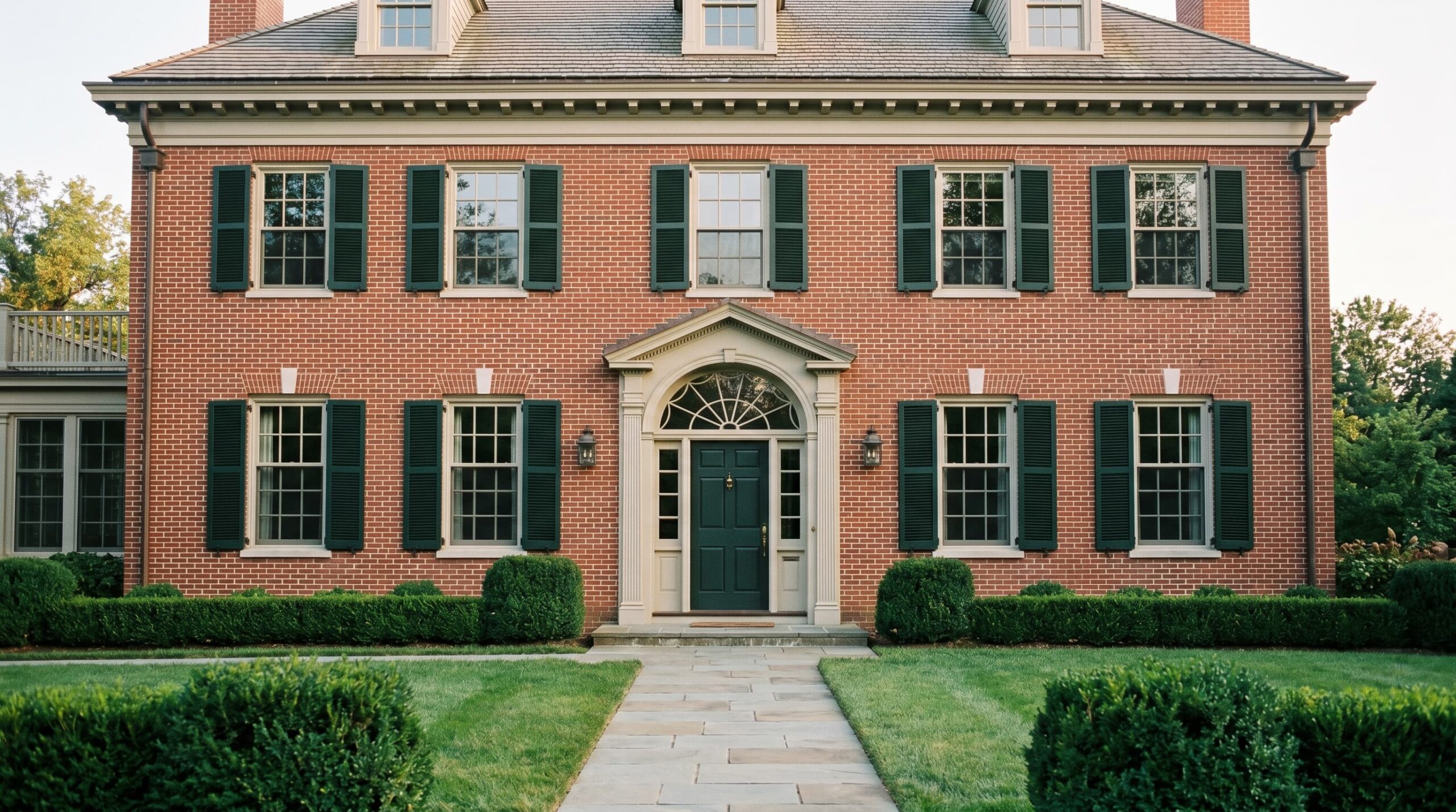 Federal-style brick home with balanced windows and fanlight above door