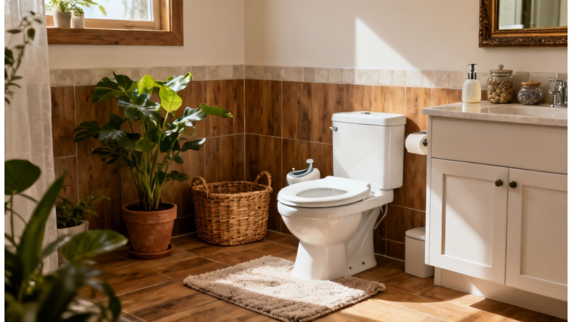 “Modern bathroom, eye-level view, toilet with bidet seat installed, bath rug, potted plants, ladder shelf with towels, wicker basket, vanity with decorative jars, full humanized view, illustrating final tips for choosing the right toilet seat.”