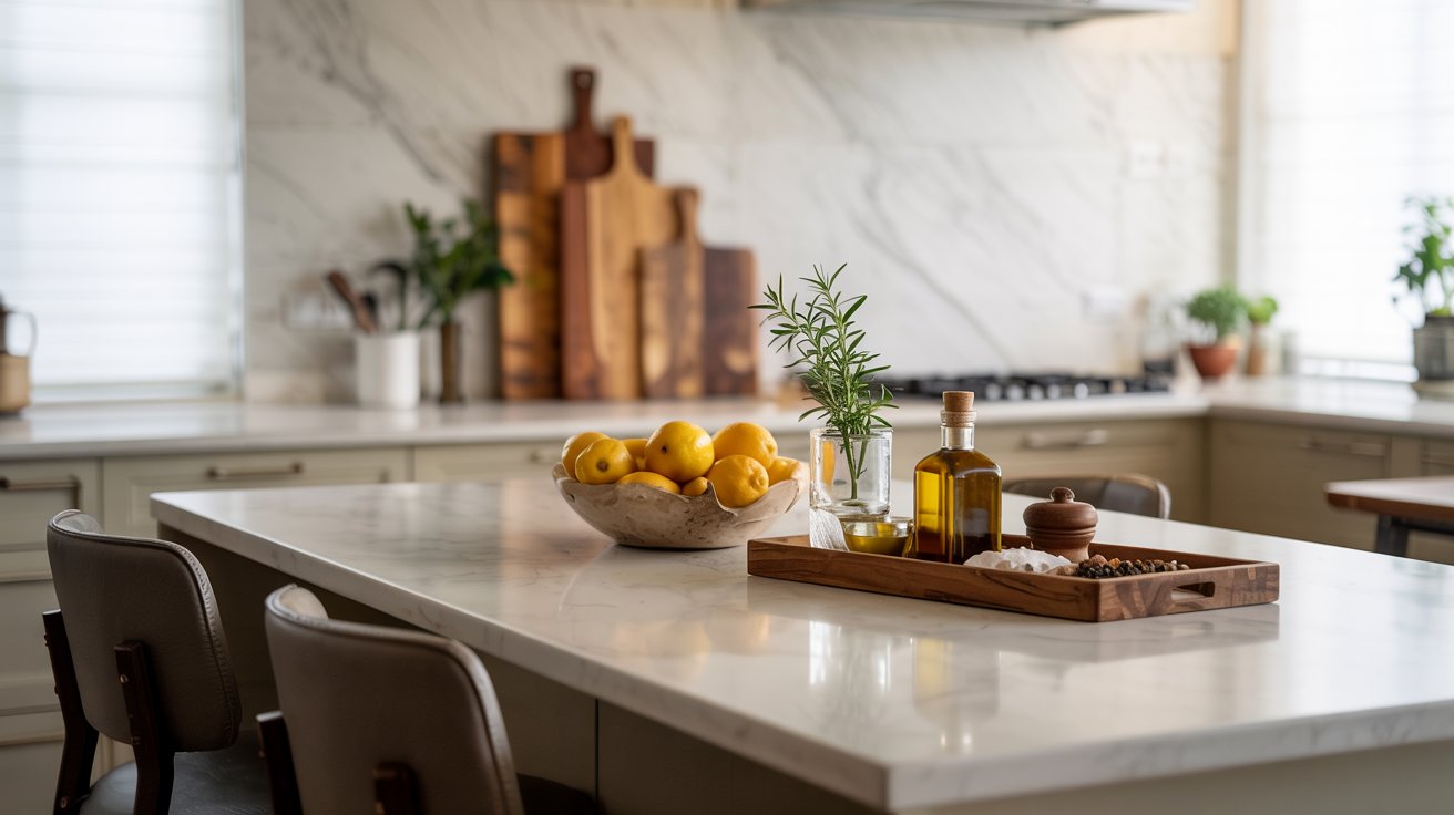 Smart kitchen island with an induction cooktop, built-in charging features, and modern technology integrated into the countertop.