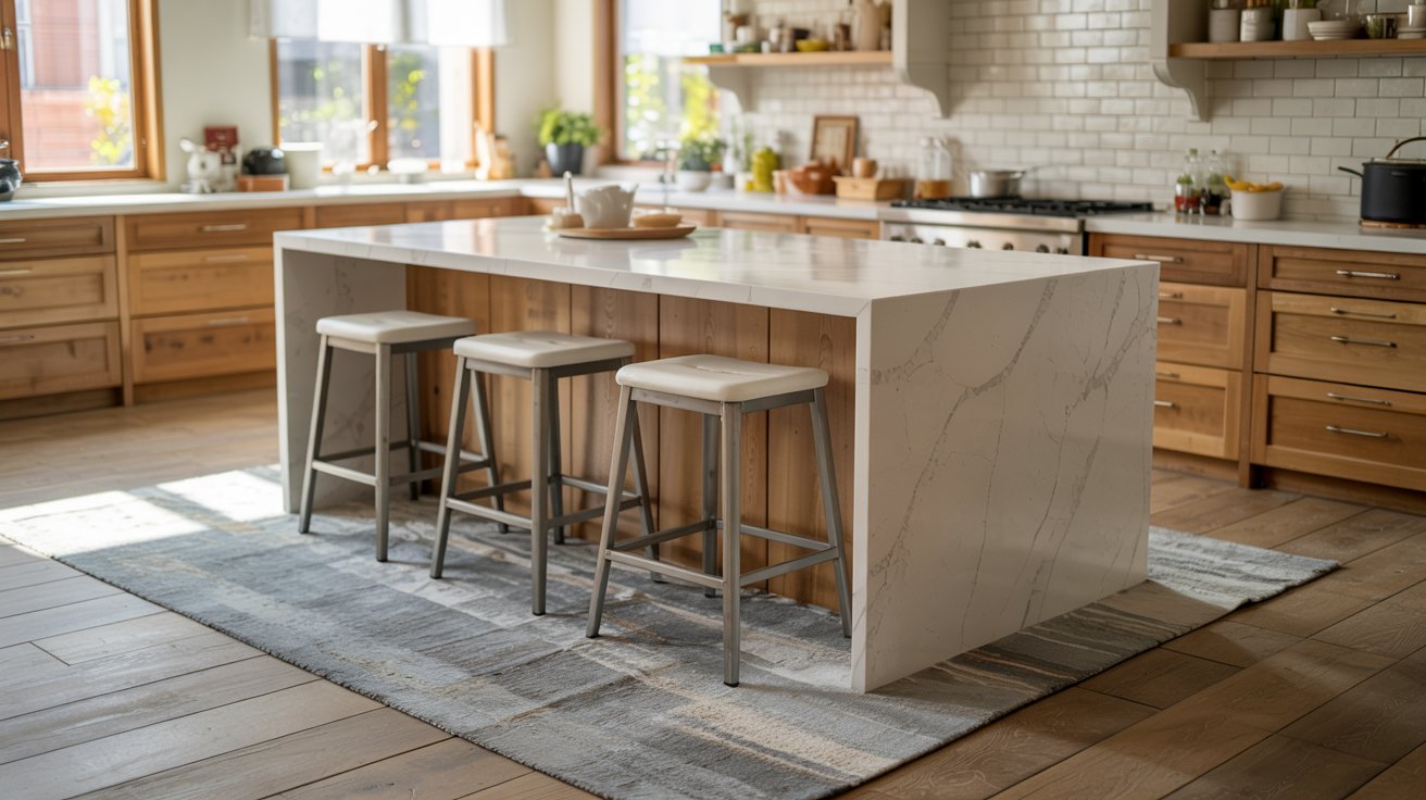 Kitchen island with seating area on a textured rug, showing a balanced flooring and rug combination for a warm functional space.