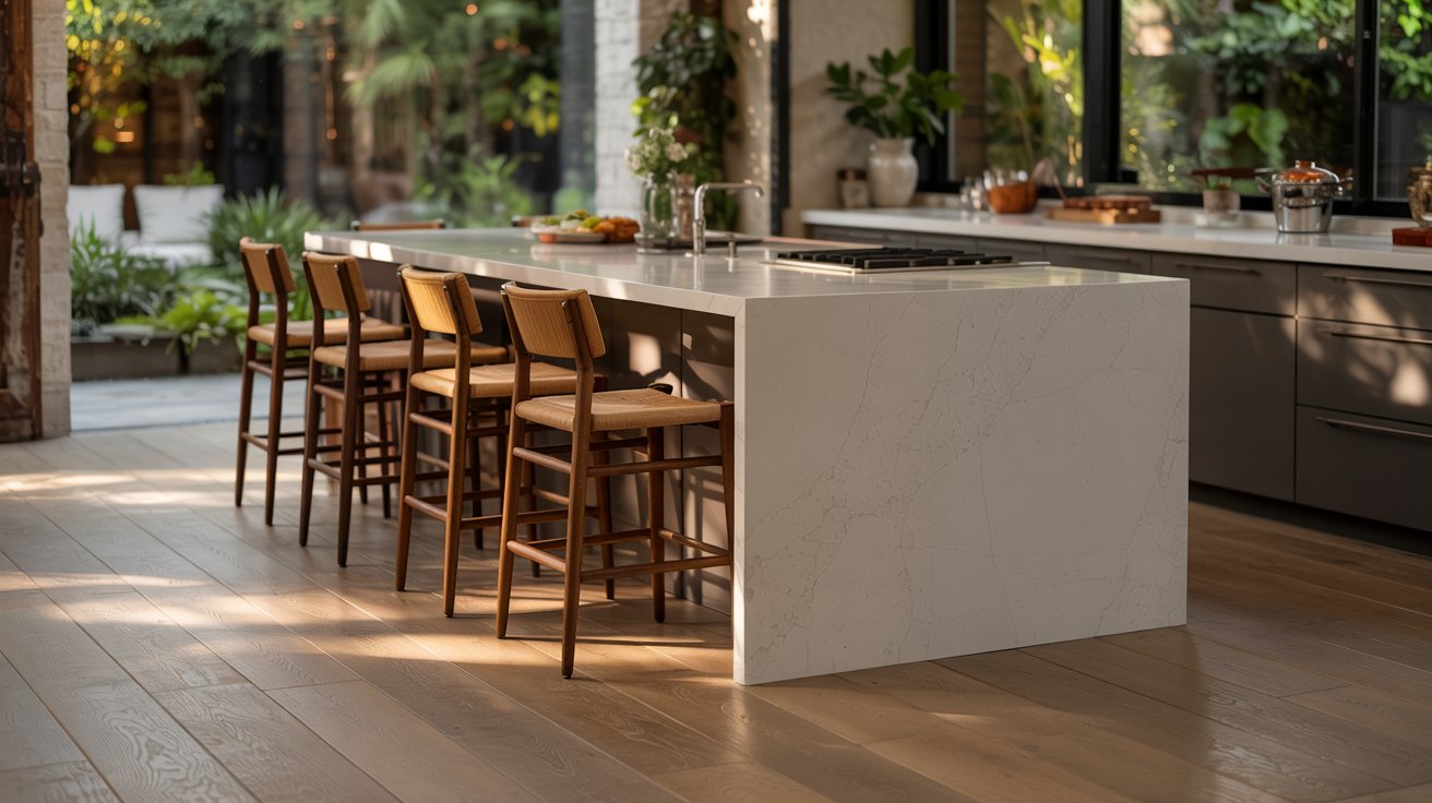 Modern kitchen with a white island, wood flooring, and coordinated cabinetry creating a balanced color flow throughout the space.