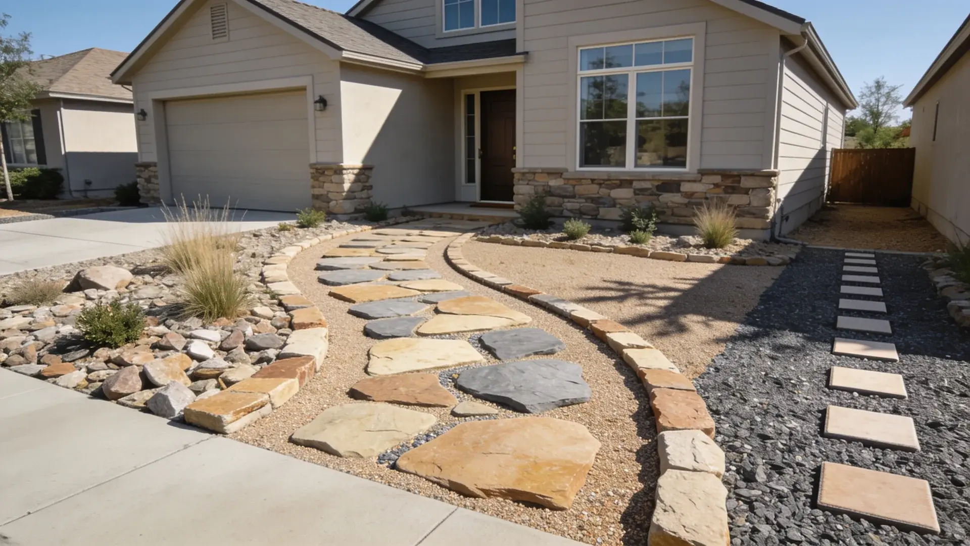 Front yard flagstone path with natural stones leading to home entrance in modern landscape.