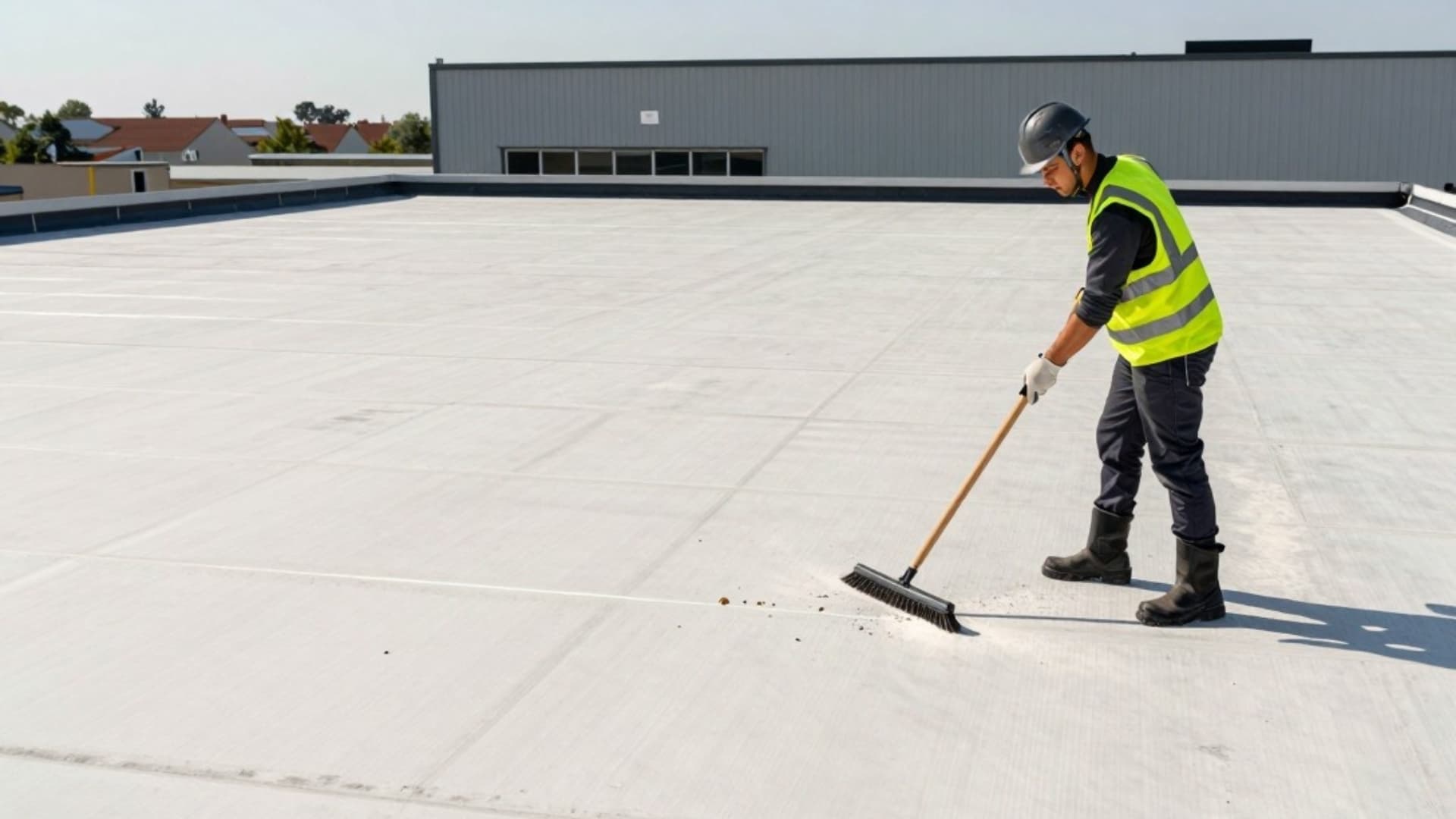 Construction worker in a safety vest and hard hat sweeping a white flat roof membrane with a large broom on a sunny day.